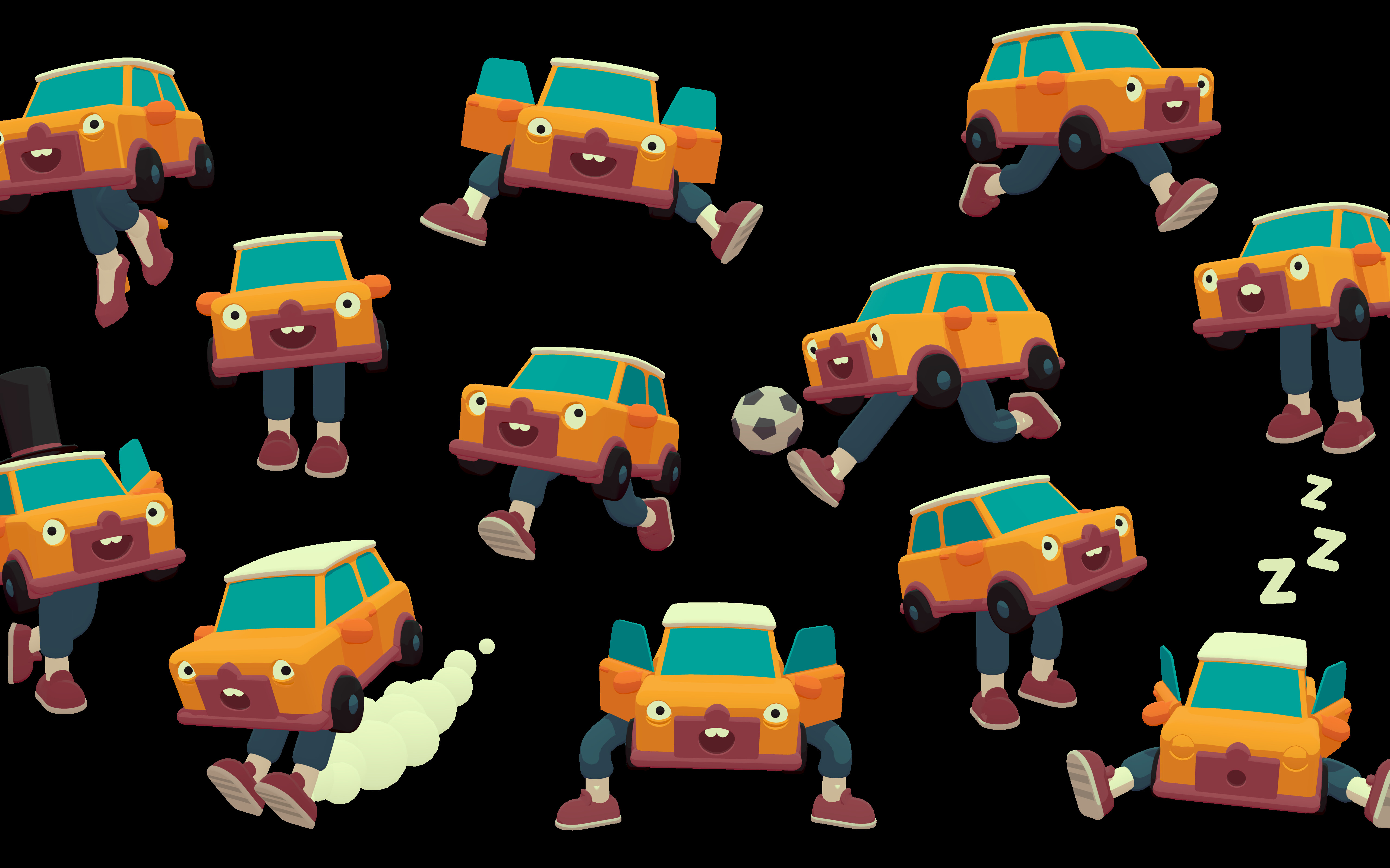 A colorful, stylized car driving through a chaotic obstacle course in a physics-based video game.