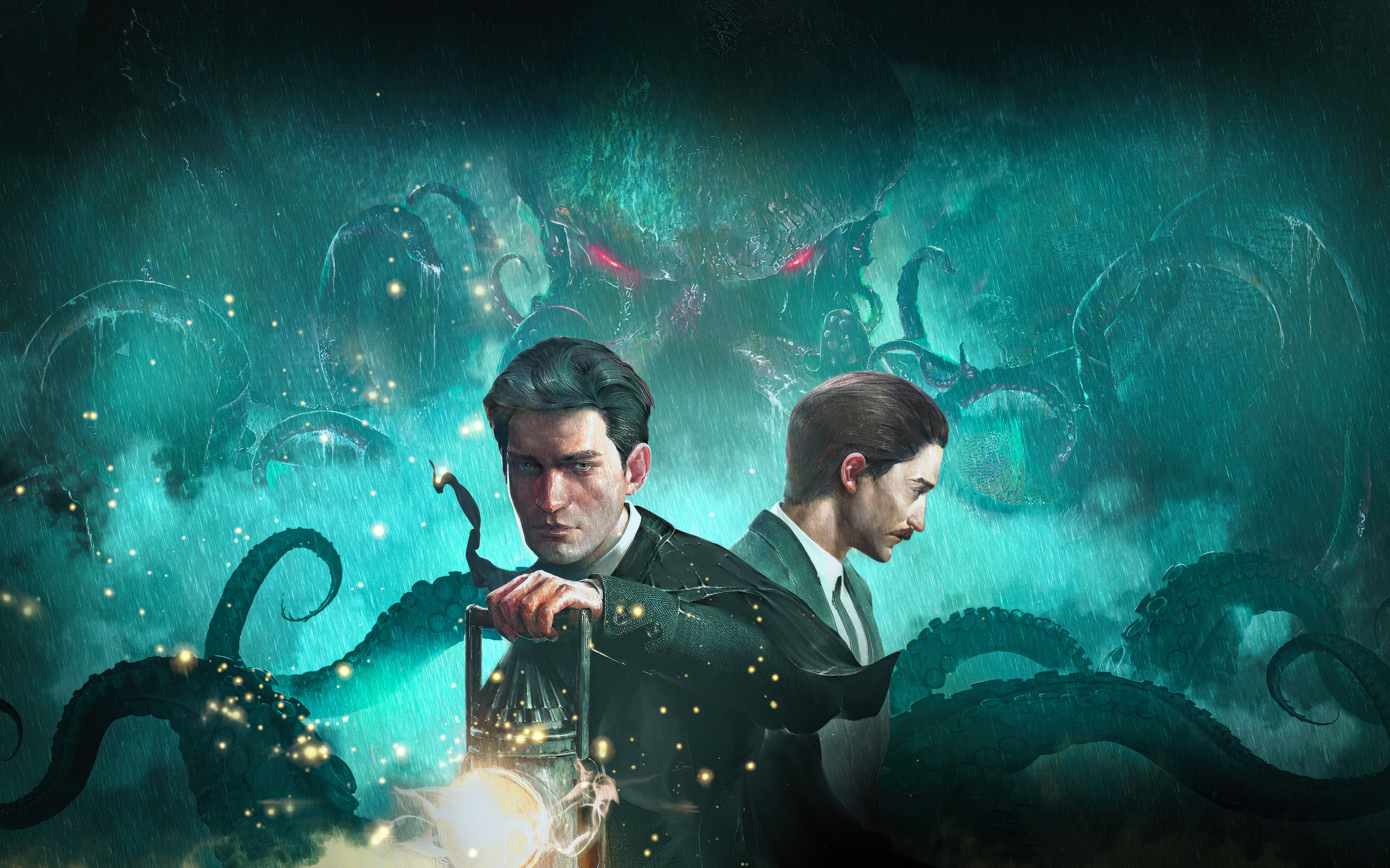 A menacing, dark-scaled tentacle monster lurking in the pouring rain, evoking the cosmic horror elements of Sherlock Holmes: The Awakened.