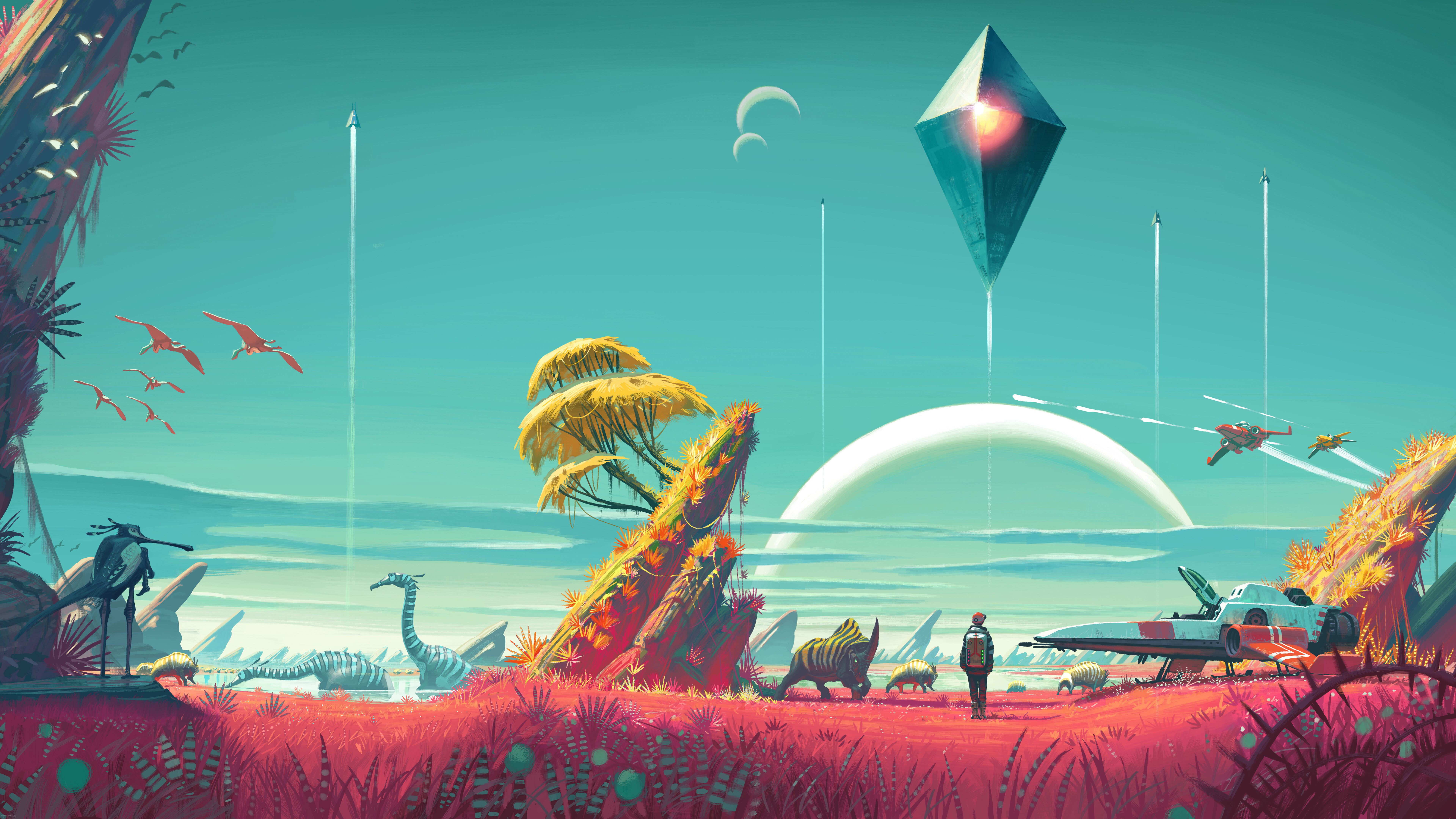 A sci-fi character known as a Traveler from No Man's Sky exploring a colorful, alien planet landscape with exotic vegetation.