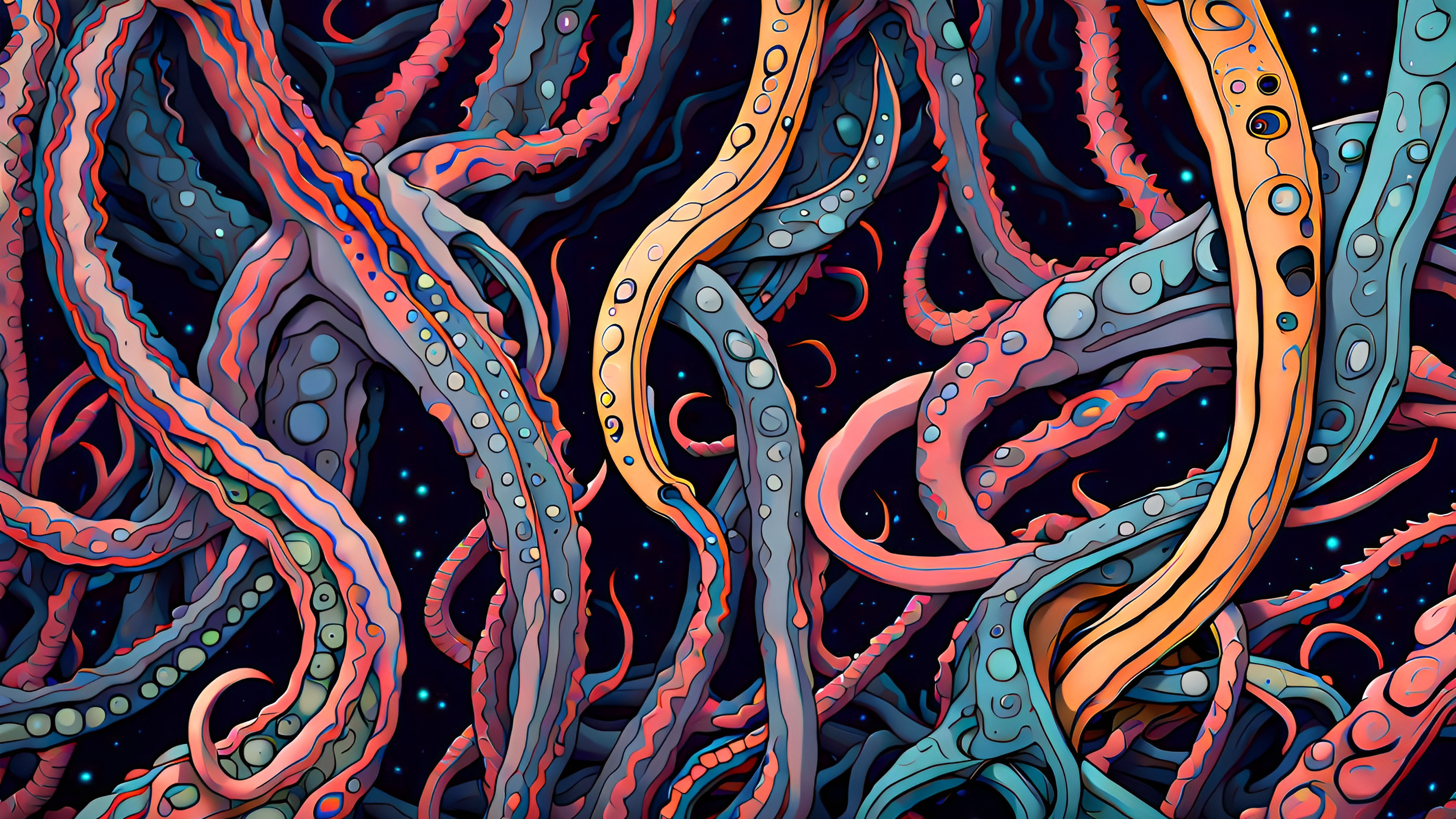 An abstract, dark, and cosmic horror depiction of Cthulhu featuring menacing tentacles and eldritch energy.