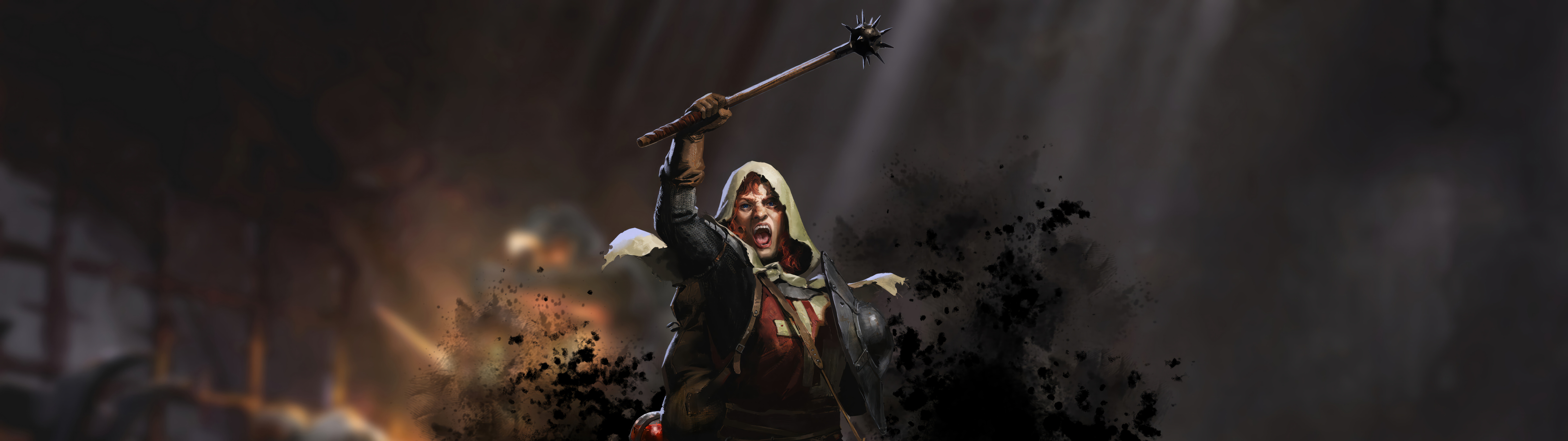 A dark fantasy character in heavy medieval armor standing in a dimly lit, stone dungeon hallway, inspired by the game Dark and Darker.