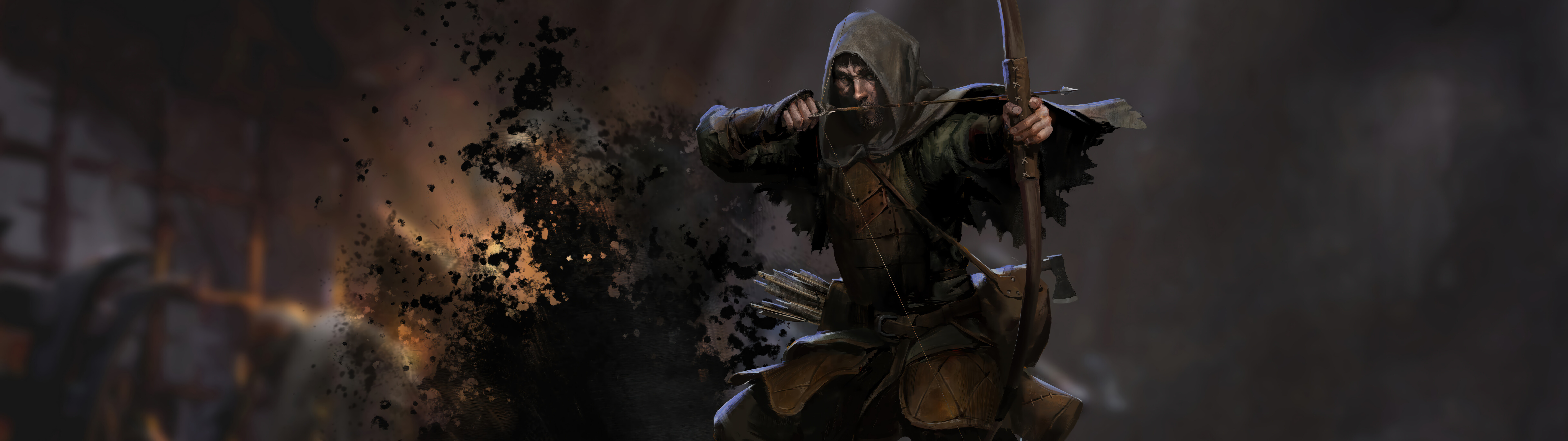 A dark fantasy warrior exploring a dimly lit, stone dungeon corridor inspired by the video game Dark and Darker.