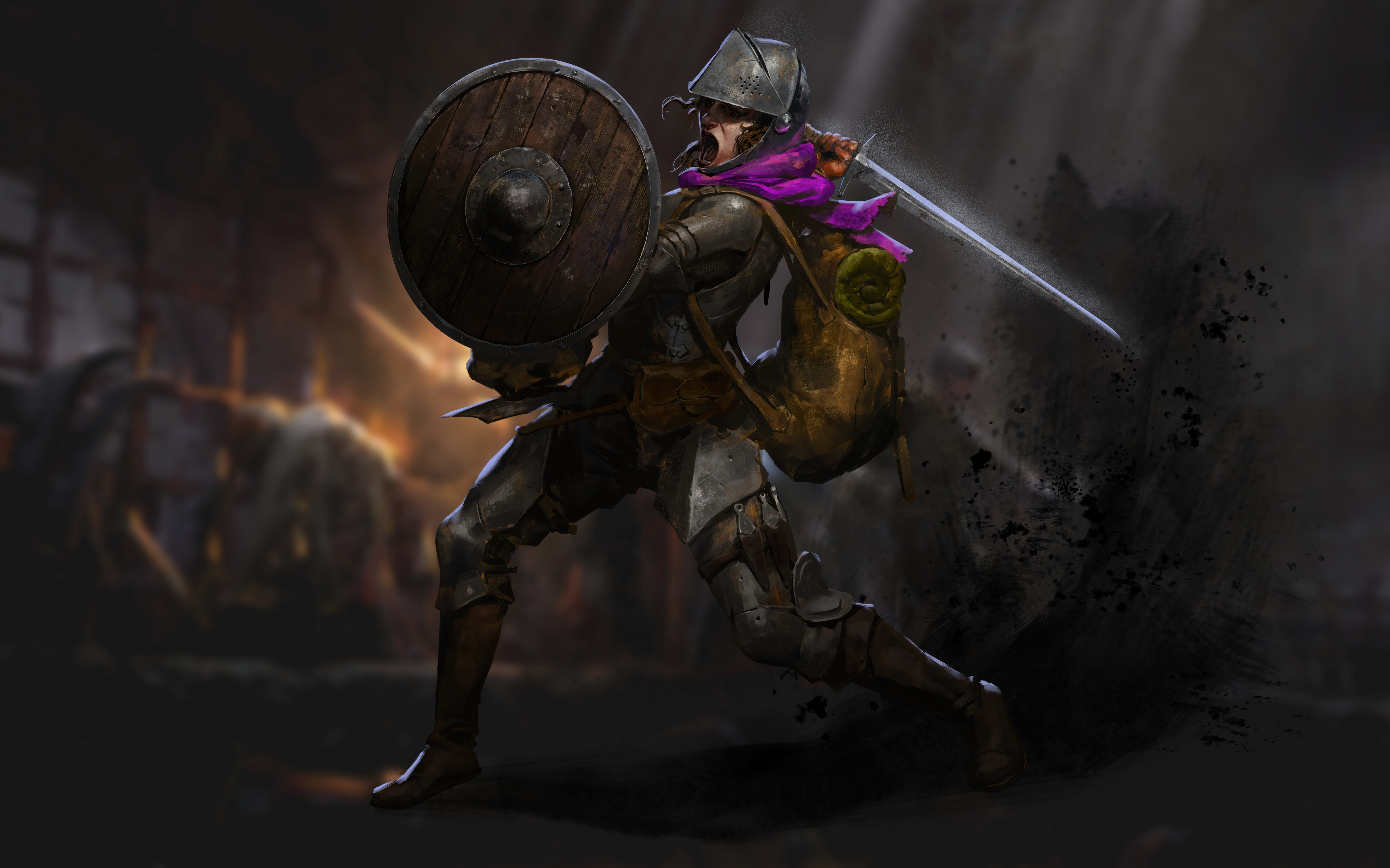 A heavily armored fantasy adventurer holding a lantern in a dark, stone dungeon corridor inspired by Dark and Darker.