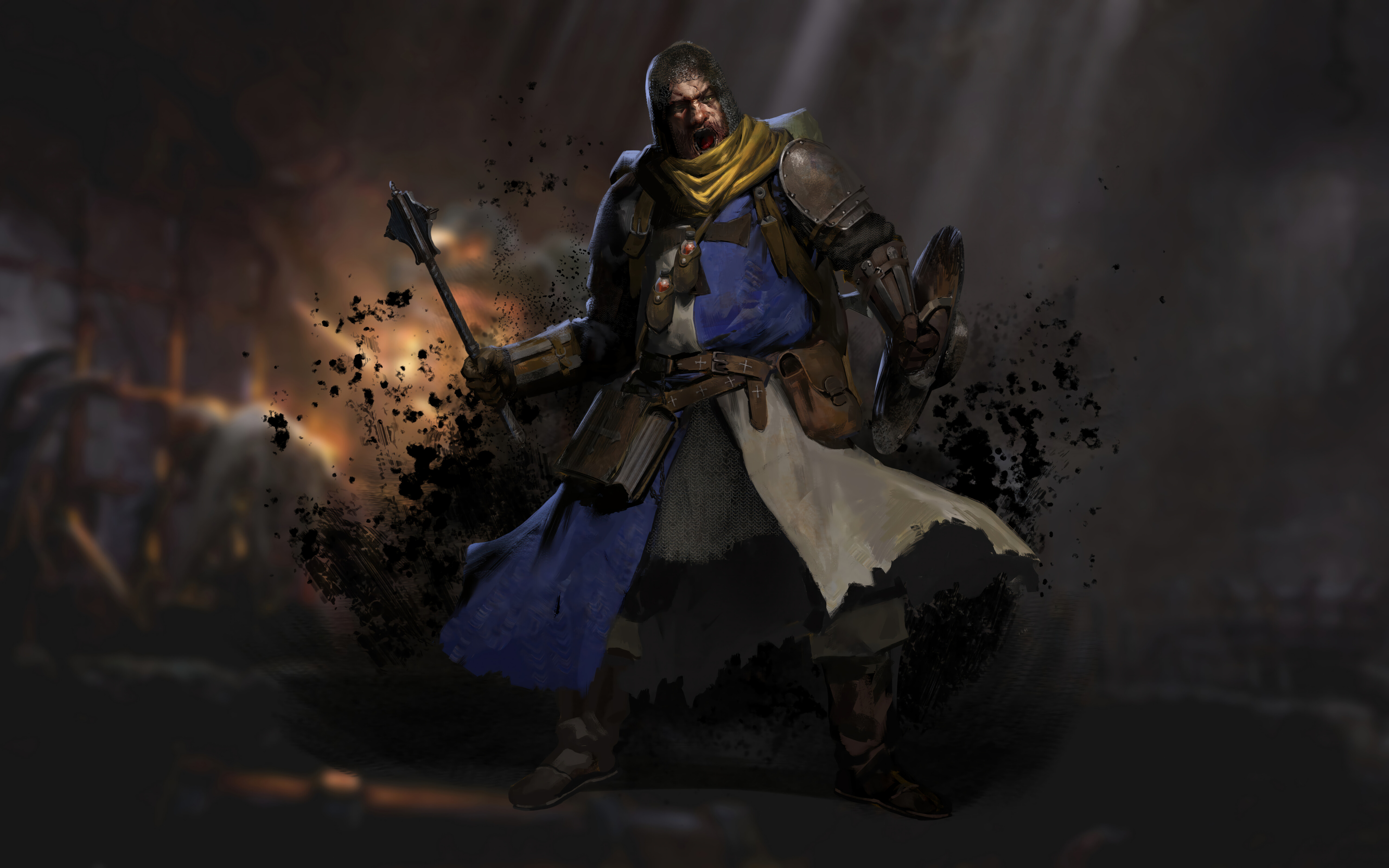 A dark fantasy character shrouded in shadows within a medieval dungeon setting.