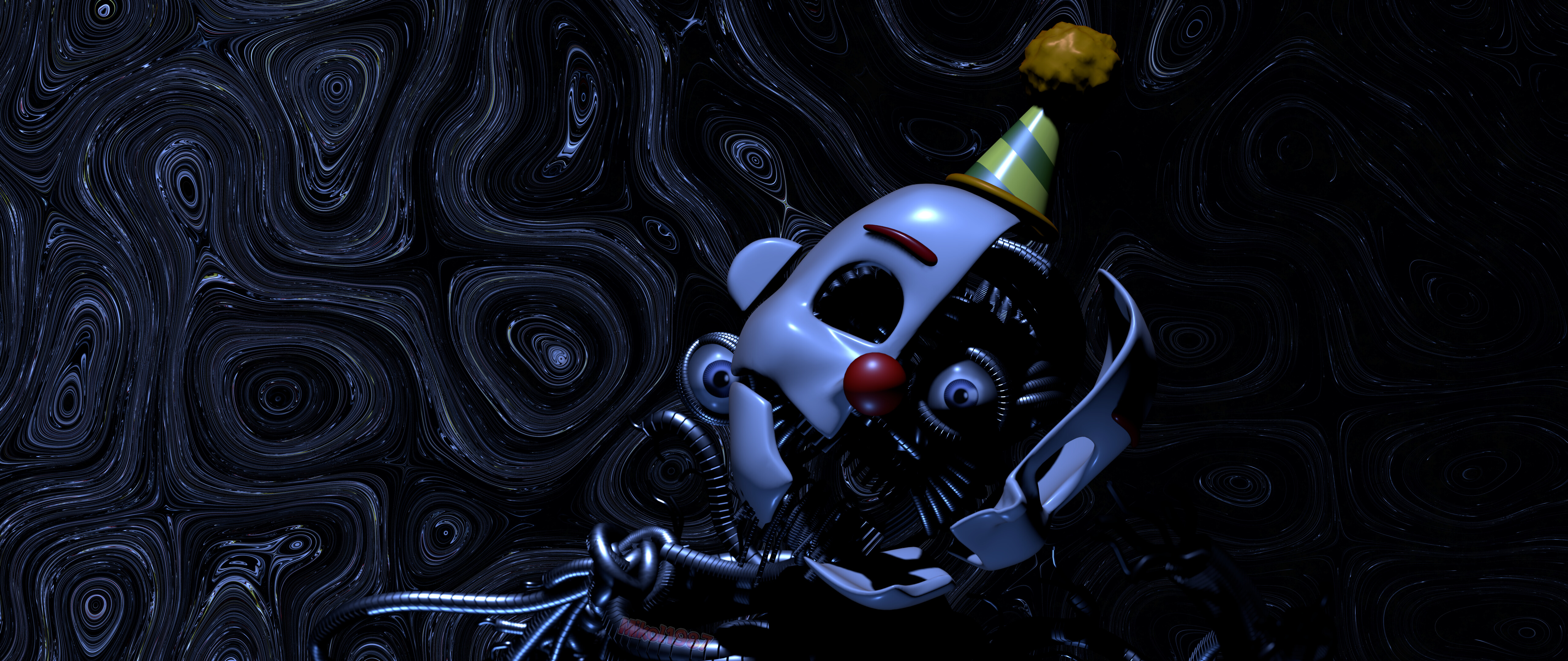 A close-up of the animatronic character Ennard from Five Nights at Freddy's: Sister Location, showing intricate wires and glowing eyes.