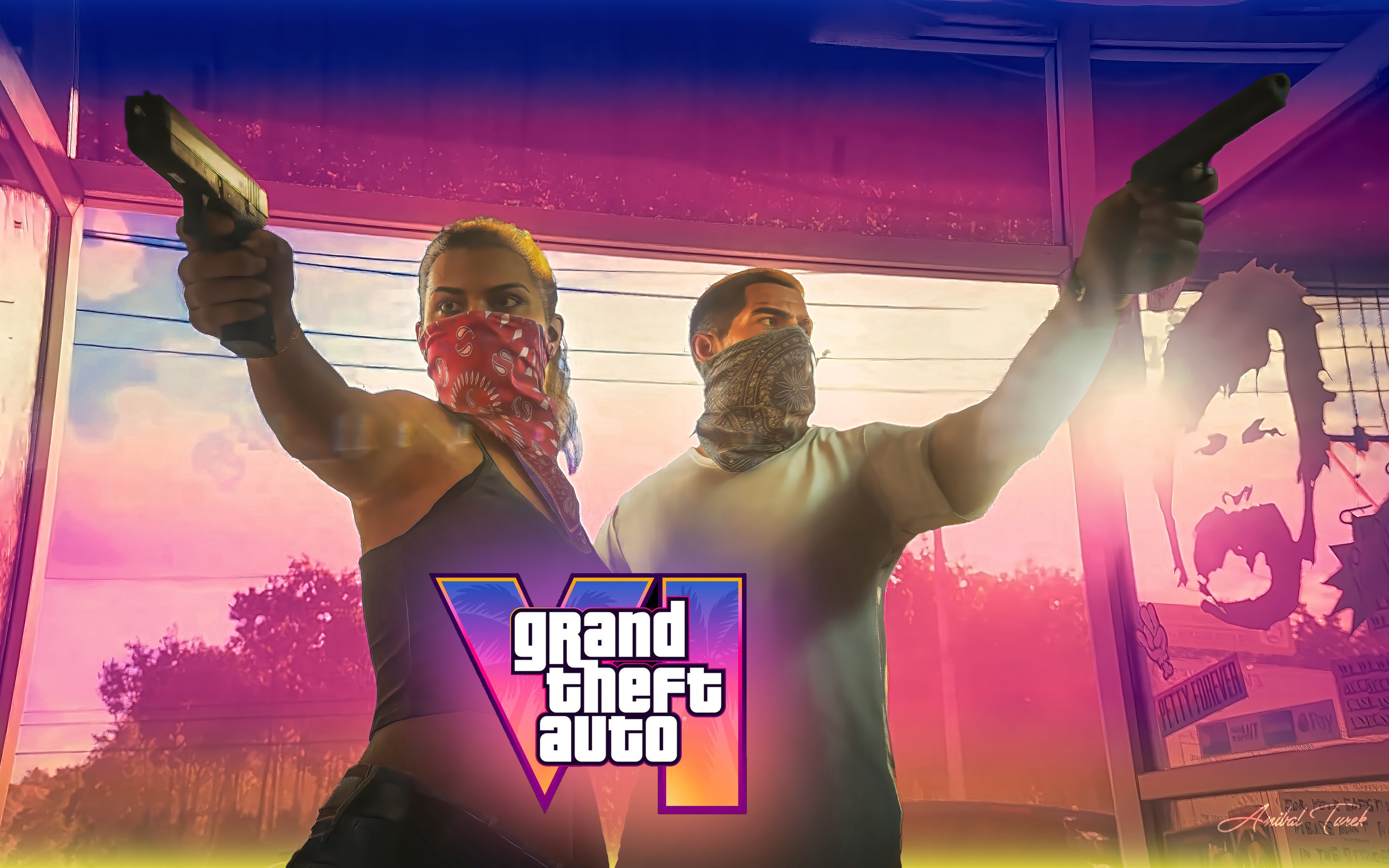 Protagonists Lucia and Jason from Grand Theft Auto VI captured in a vibrant, sun-drenched tropical urban setting.
