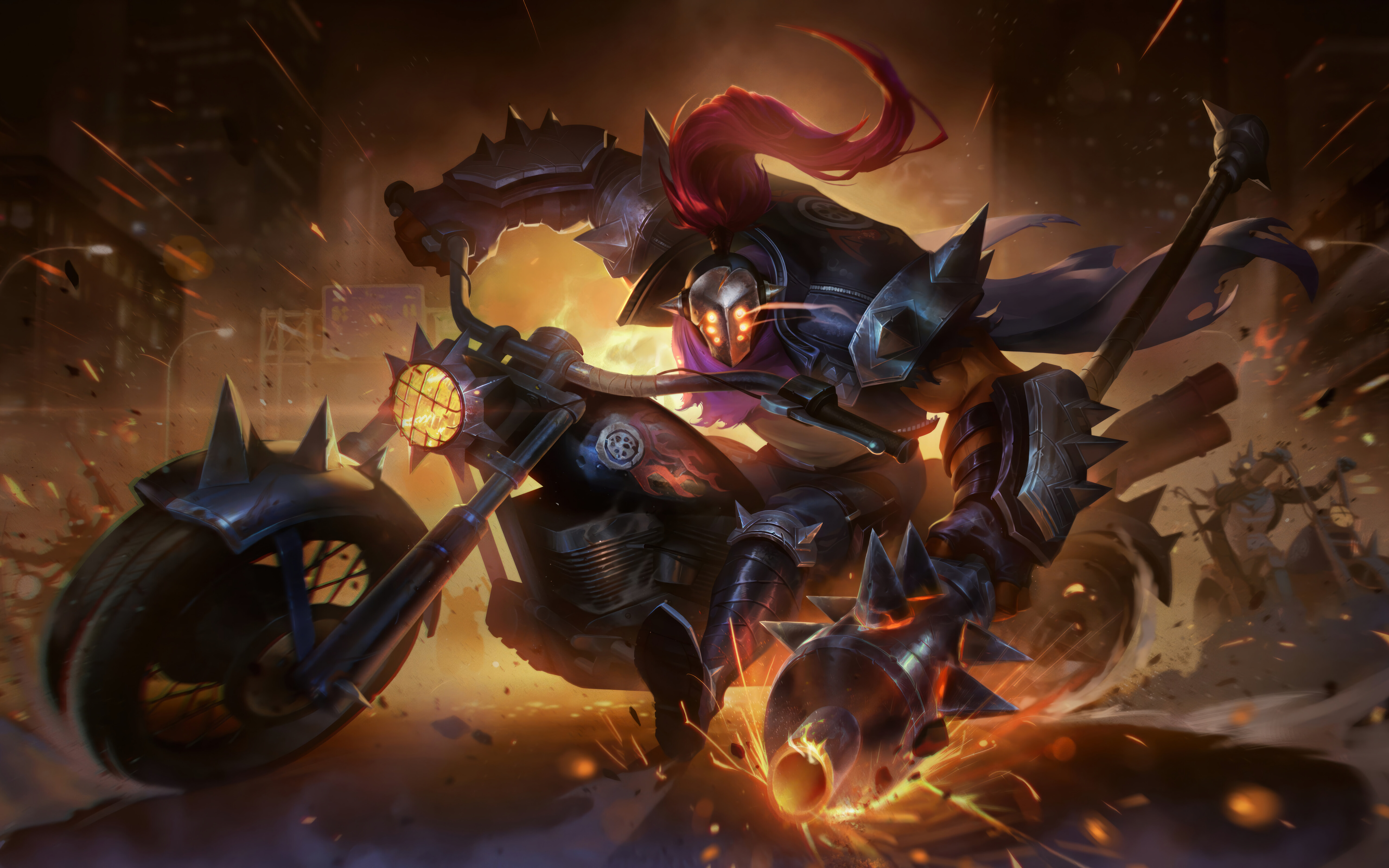 Jax from League of Legends standing next to a heavy motorcycle, blending fantasy combat with modern biker style.