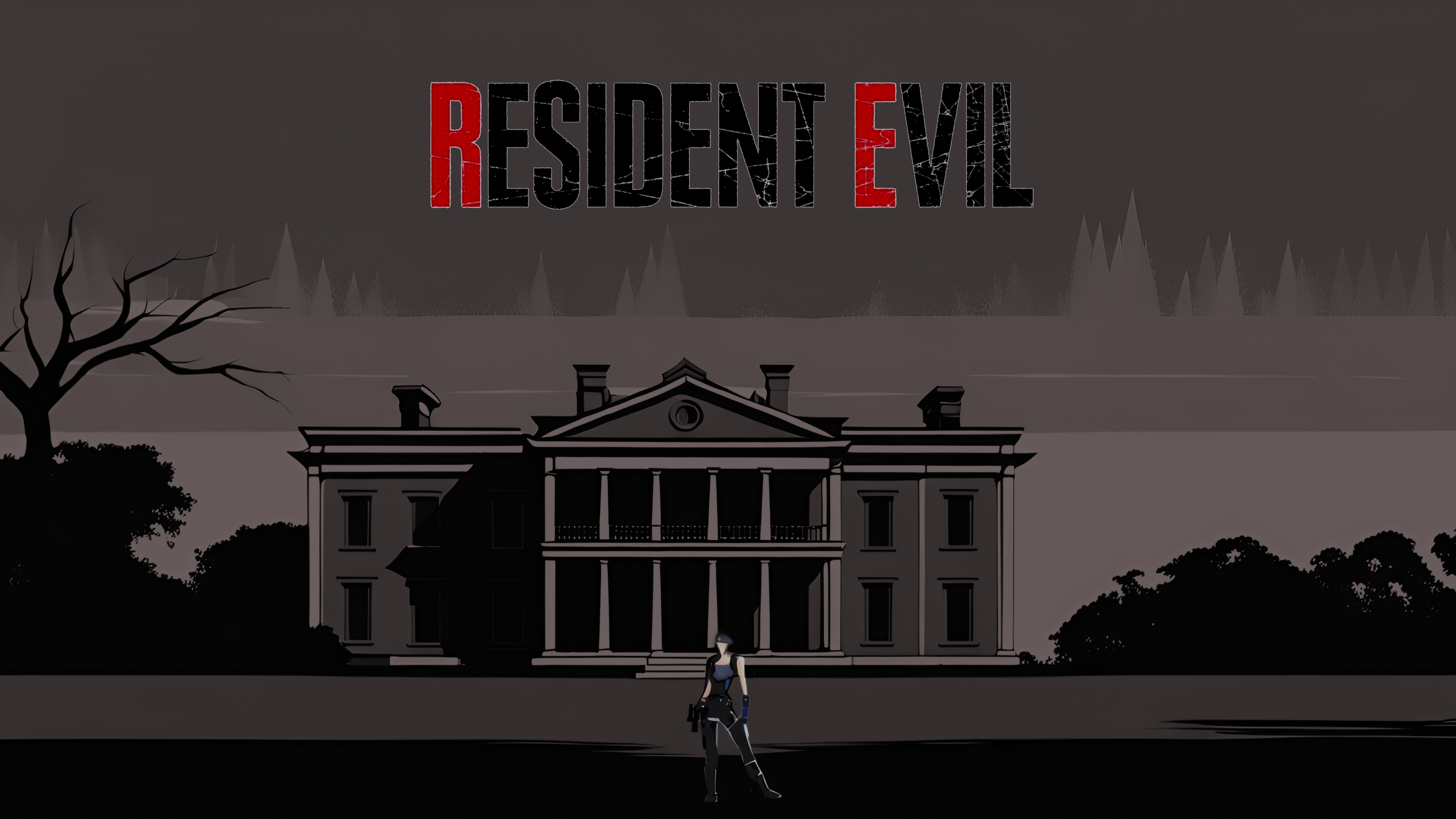 Jill Valentine from Resident Evil confronting zombies in a dark, atmospheric mansion hallway.