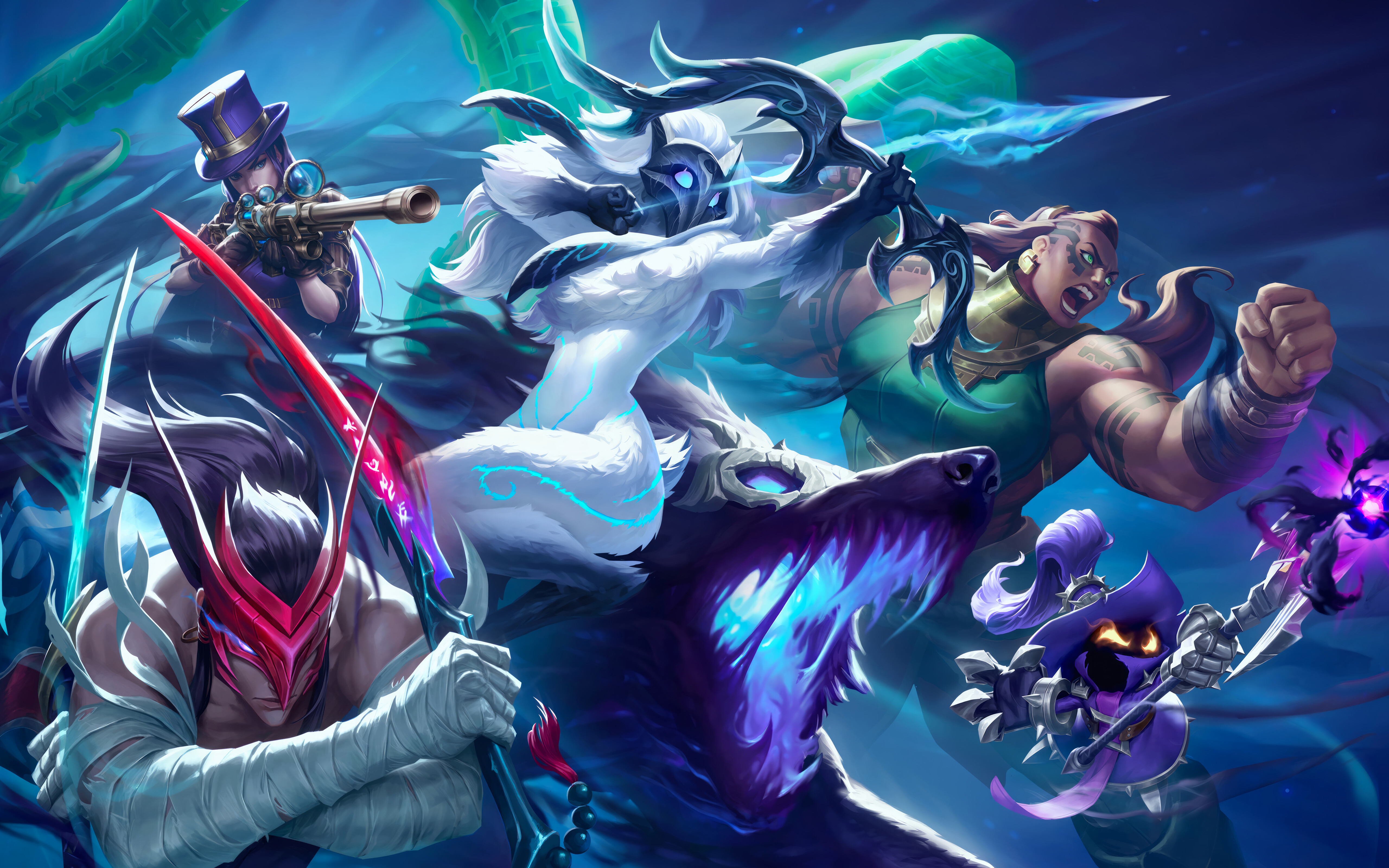 A stunning composition of League of Legends characters Yone, Kindred, and Illaoi.
