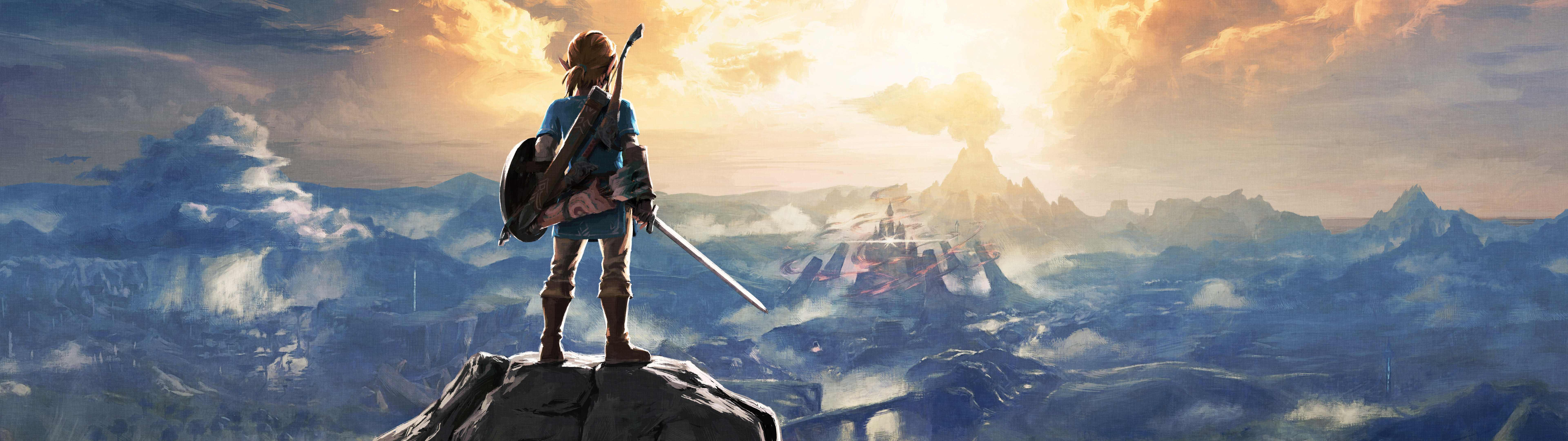 Link from The Legend of Zelda: Breath of the Wild surveying the vast landscapes of Hyrule.