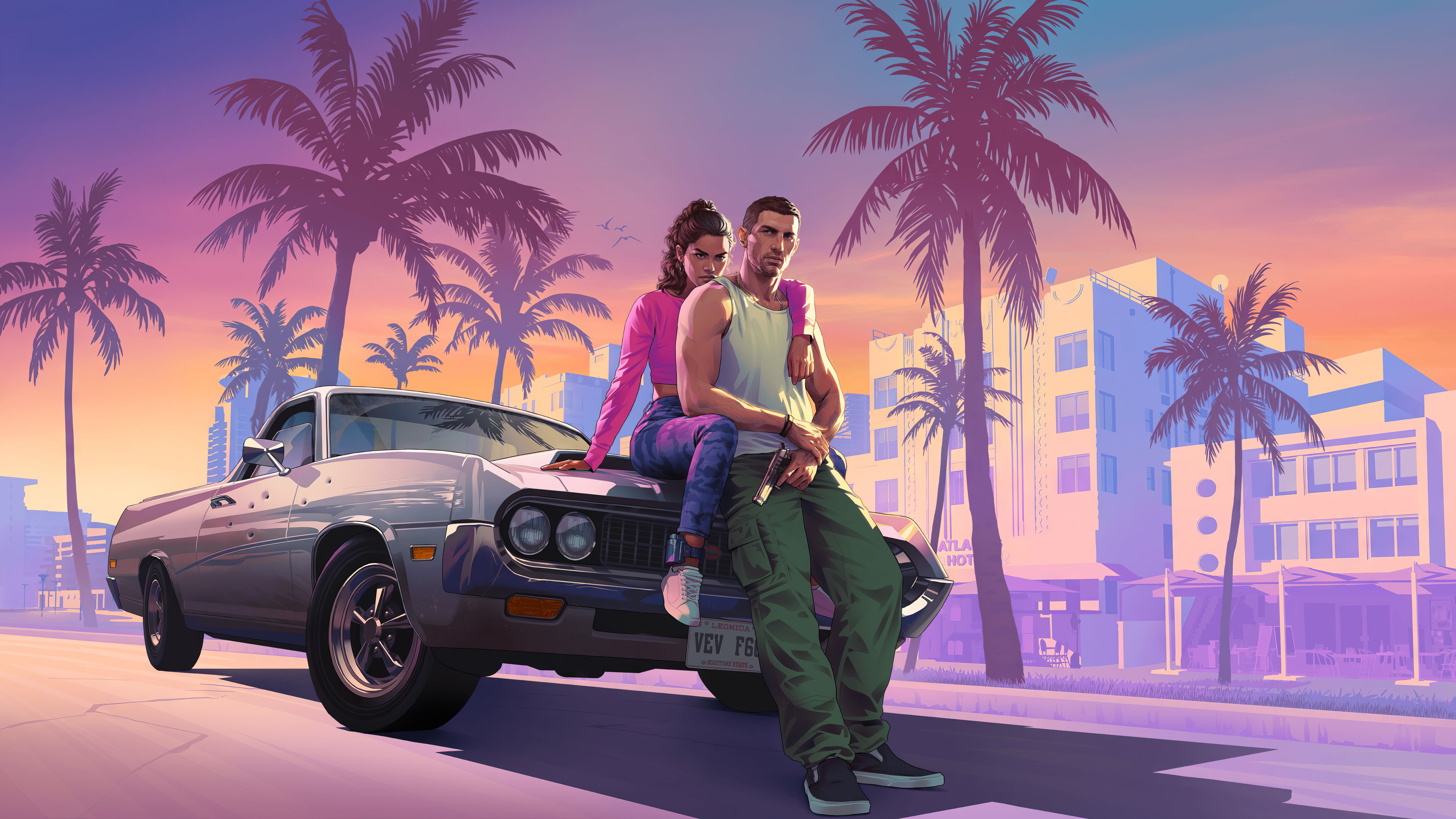 A cinematic shot of Lucia from Grand Theft Auto VI, featuring neon urban lights and a tropical city setting.