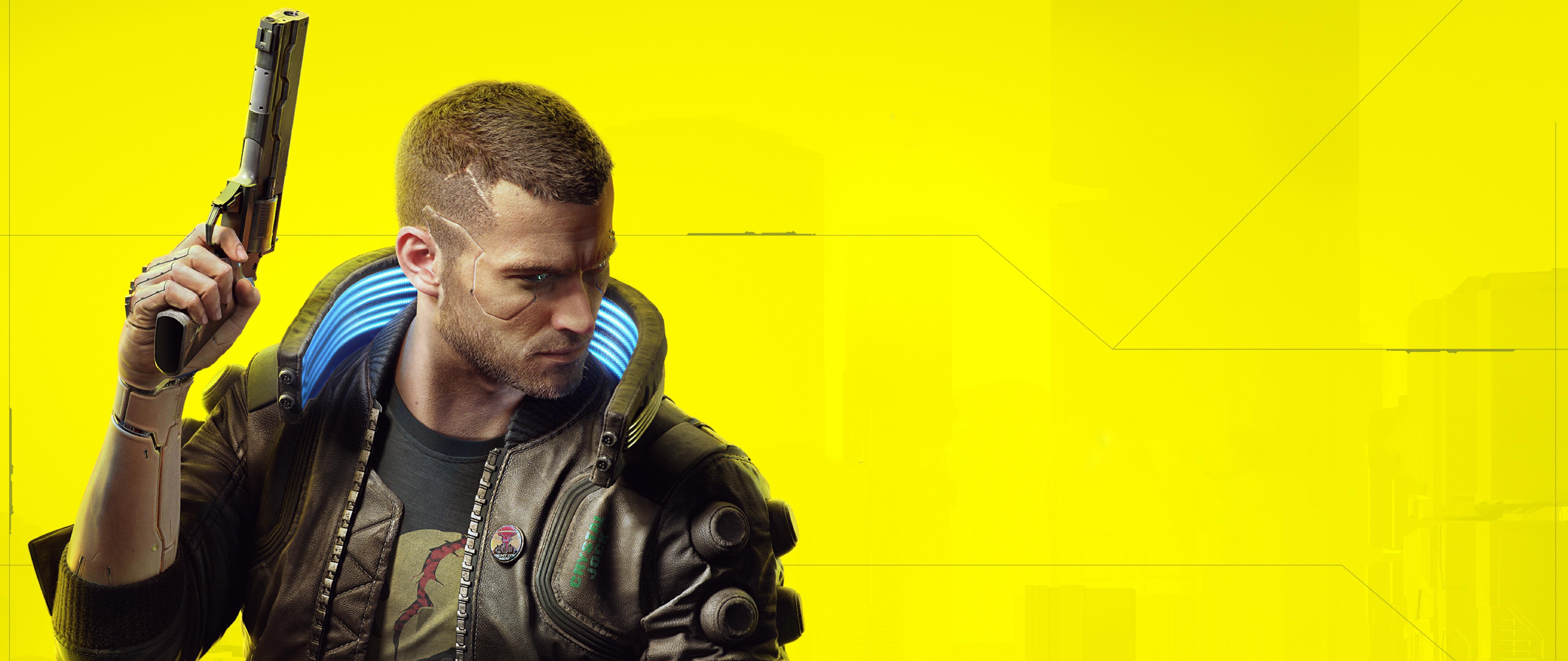 A futuristic character with glowing blue cybernetic enhancements standing in a dark, rain-soaked cyberpunk urban environment.