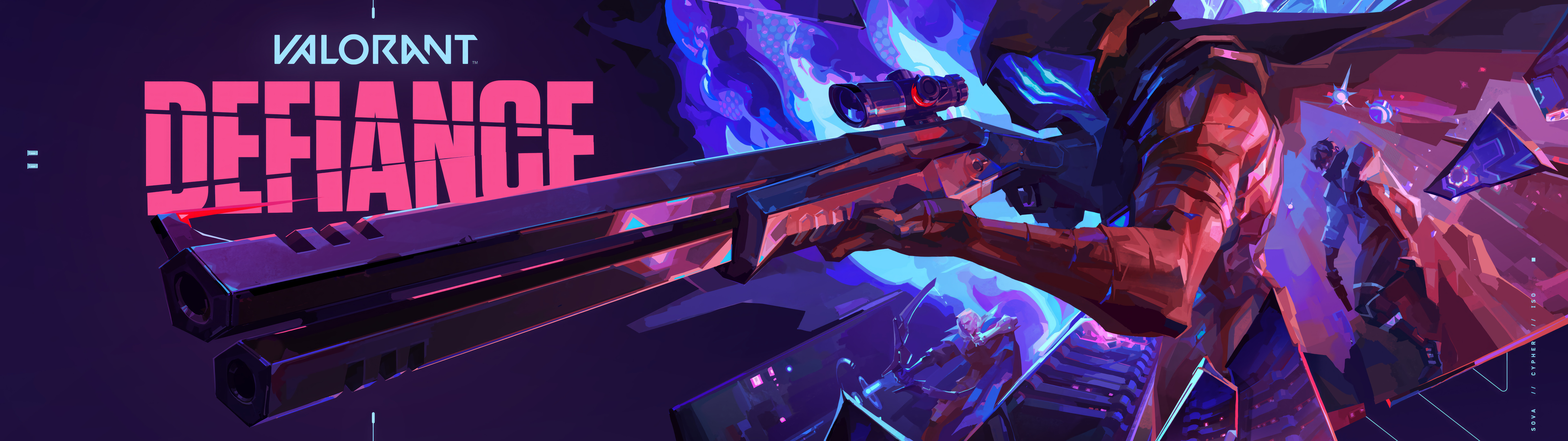 A dramatic and dark portrait of Omen from Valorant, featuring his iconic hooded silhouette and glowing eyes amidst swirling shadows.