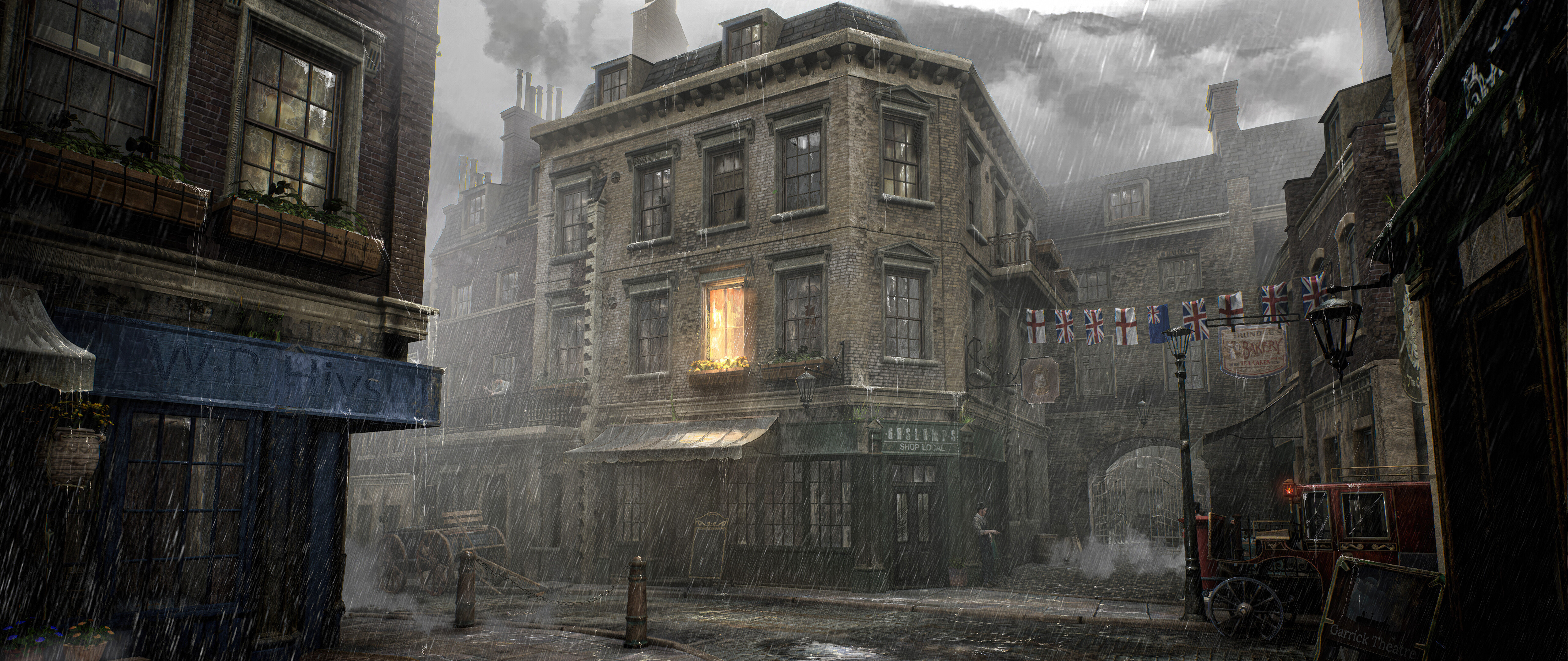 A dark, rainy street in London featuring a Victorian building, inspired by the video game Sherlock Holmes: The Awakened.