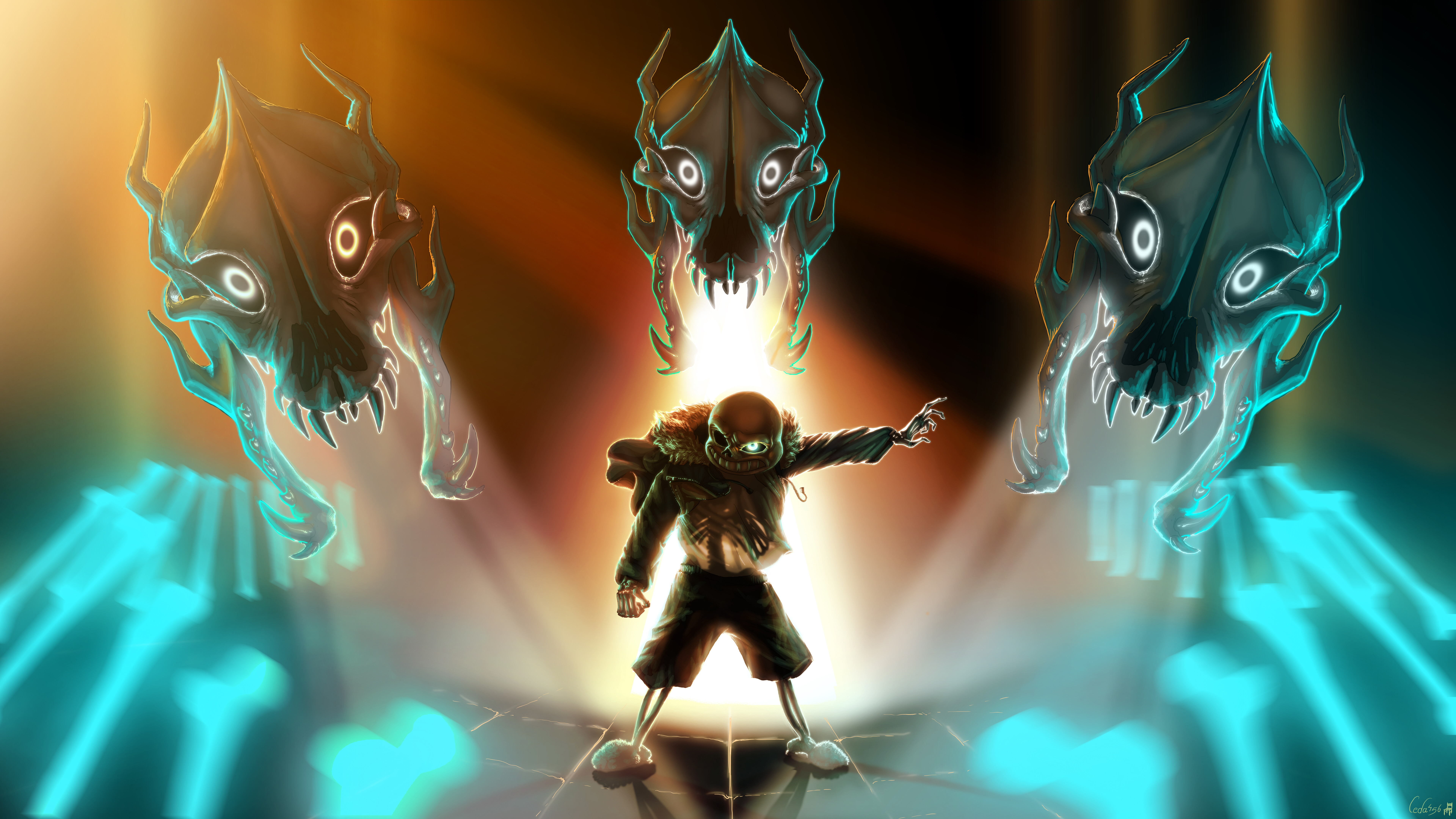 Sans from the video game Undertale, showcasing his iconic skeletal appearance and casual attire.