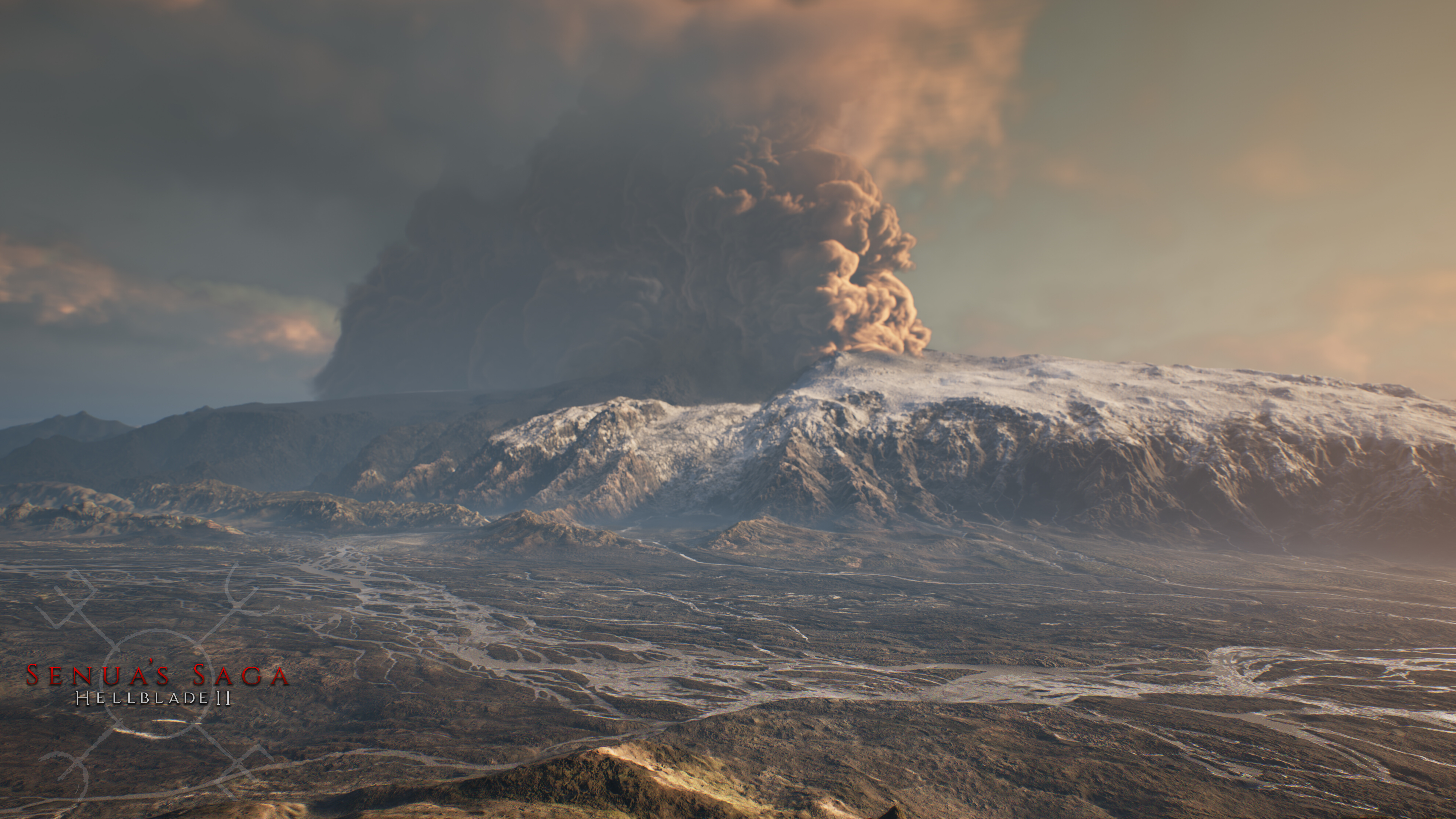A detailed and atmospheric close-up of Senua from the video game Senua's Saga: Hellblade II, featuring her intense expression and warrior appearance.