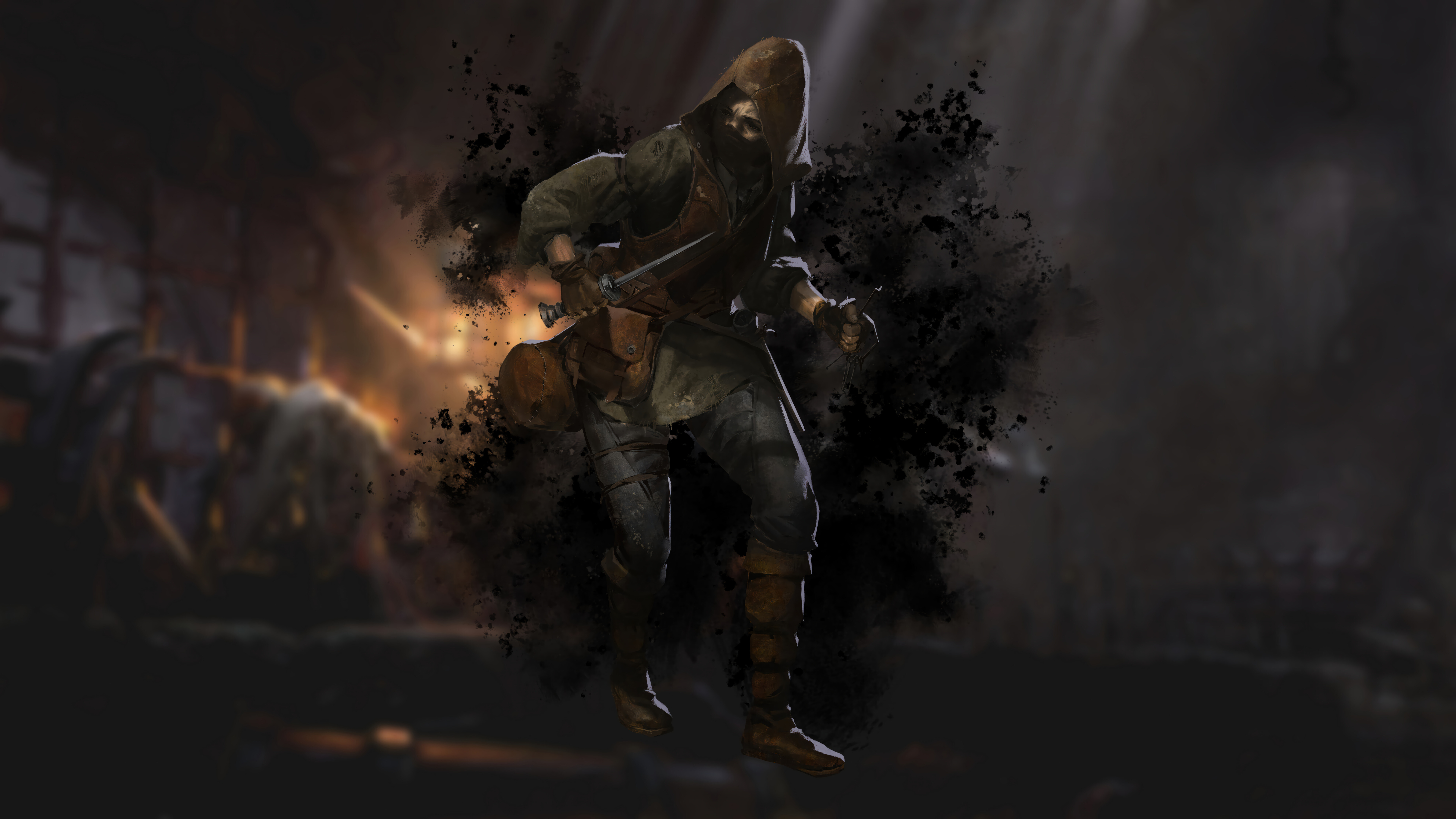 A heavily armored medieval warrior exploring a dark, torch-lit stone dungeon, inspired by the game Dark and Darker.