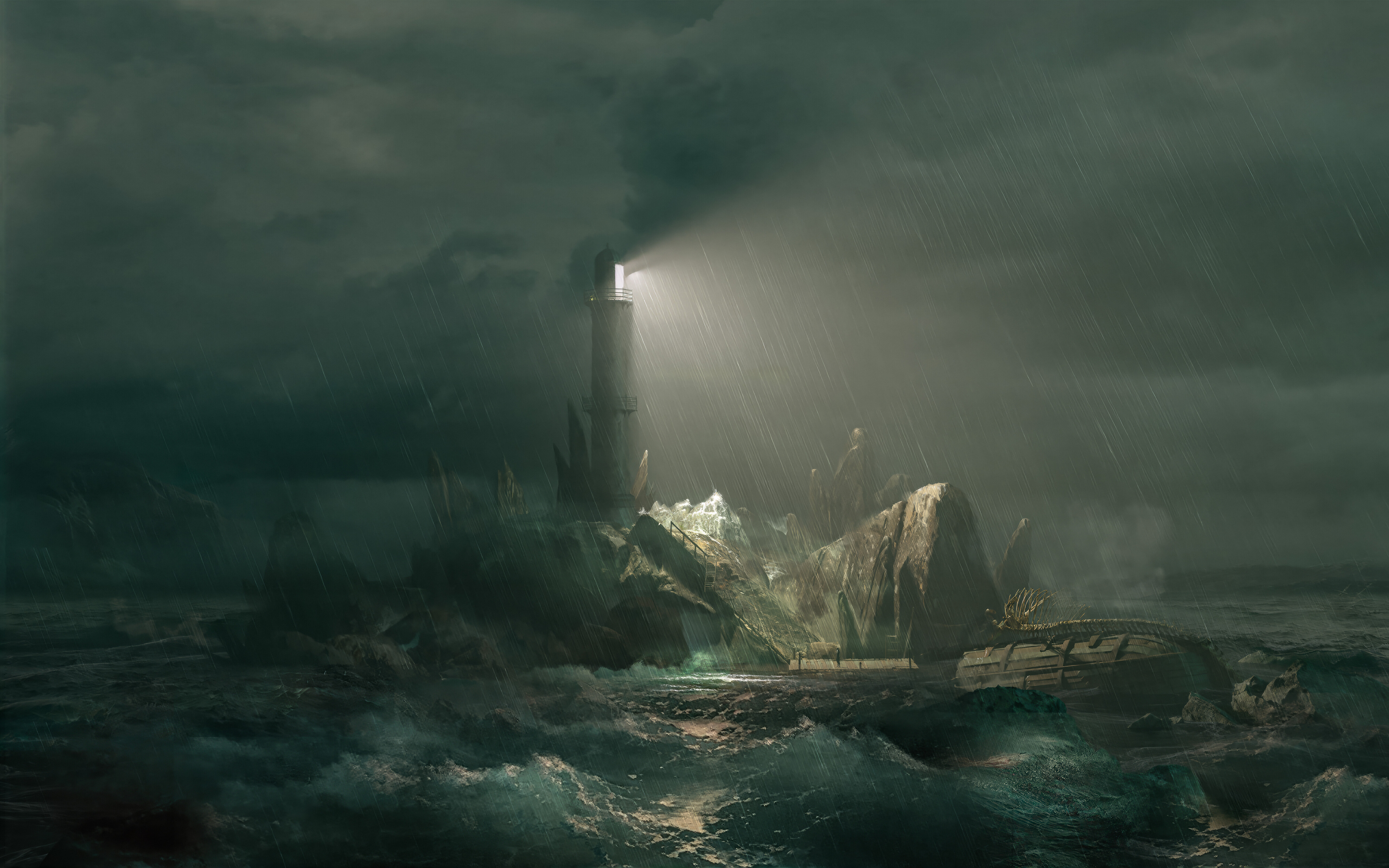 Sherlock Holmes standing near a lighthouse during a raging storm on a desolate island.