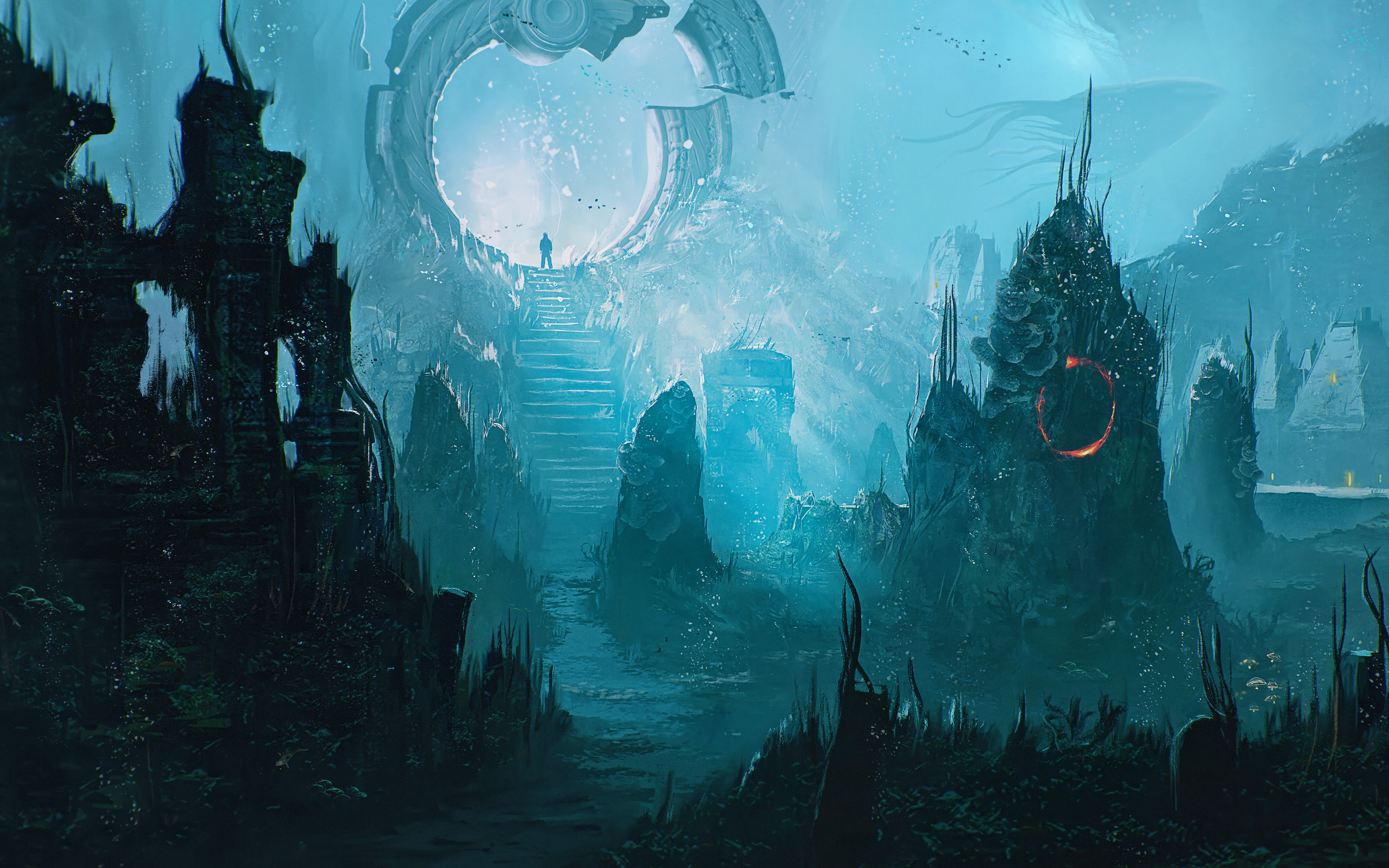 Deep sea underwater view of ancient, decaying stone ruins in dark blue water, inspired by the game Sherlock Holmes: The Awakened.