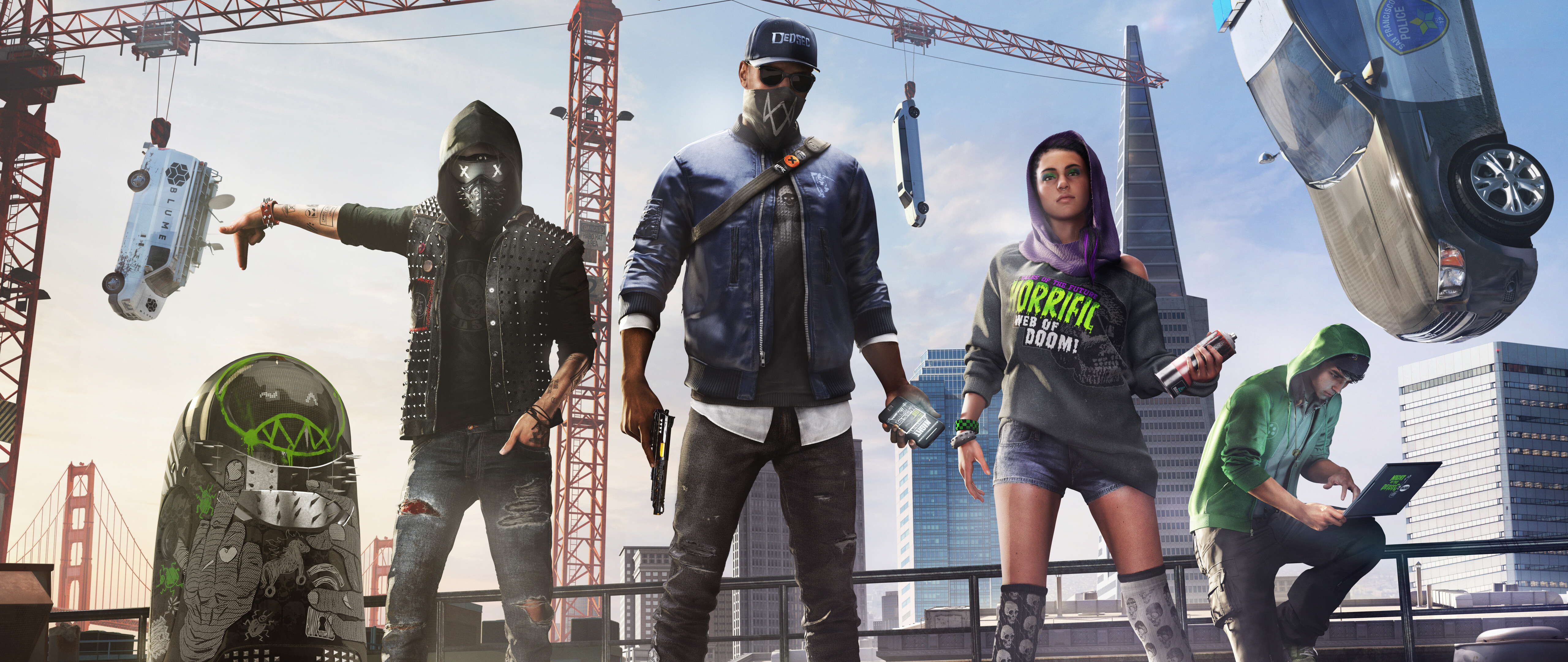 A group portrait featuring Marcus Holloway, Sitara Dhawan, and Wrench from the video game Watch Dogs 2.