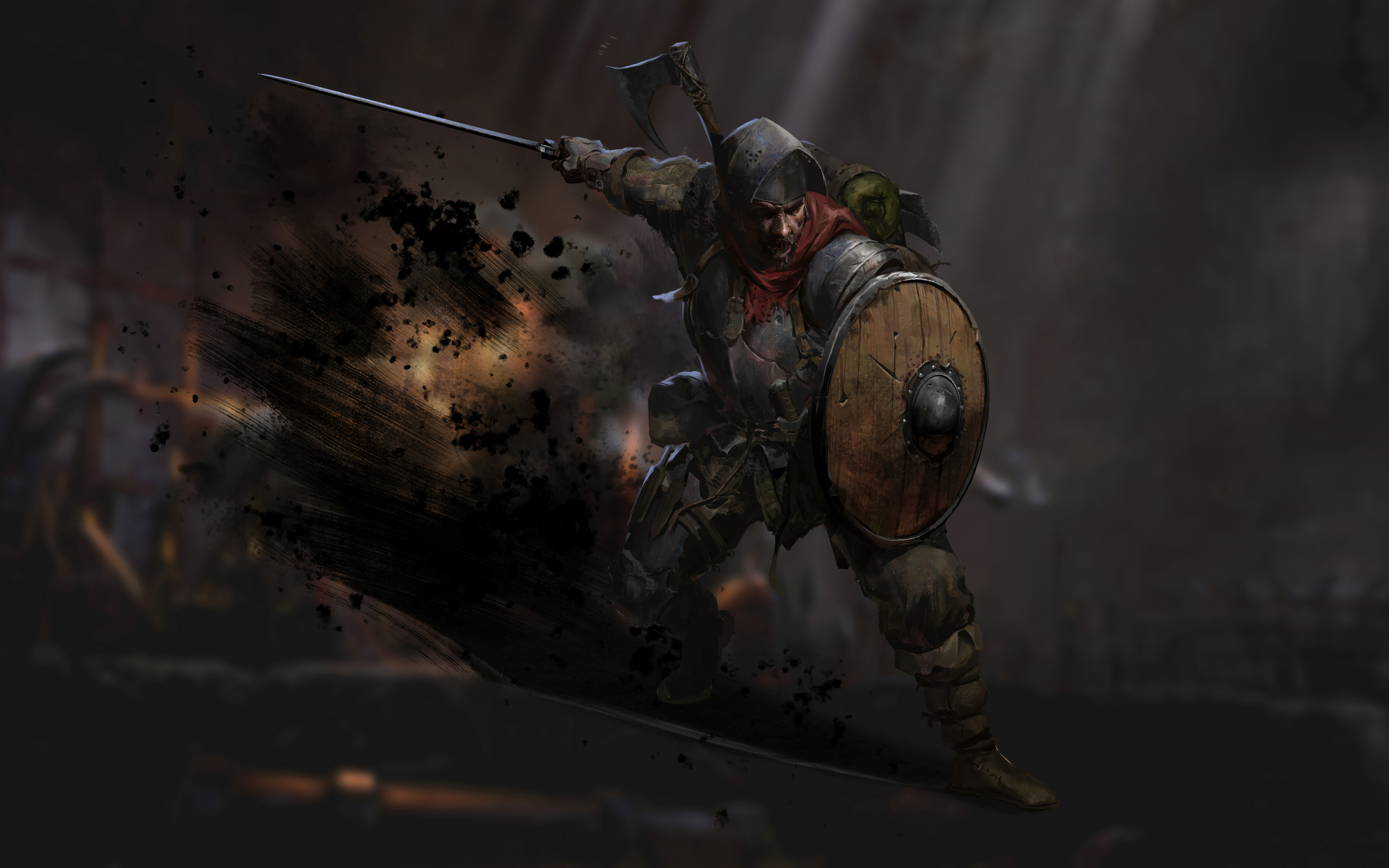 A battle-worn warrior standing in a dimly lit, damp stone dungeon, inspired by the Dark and Darker video game.
