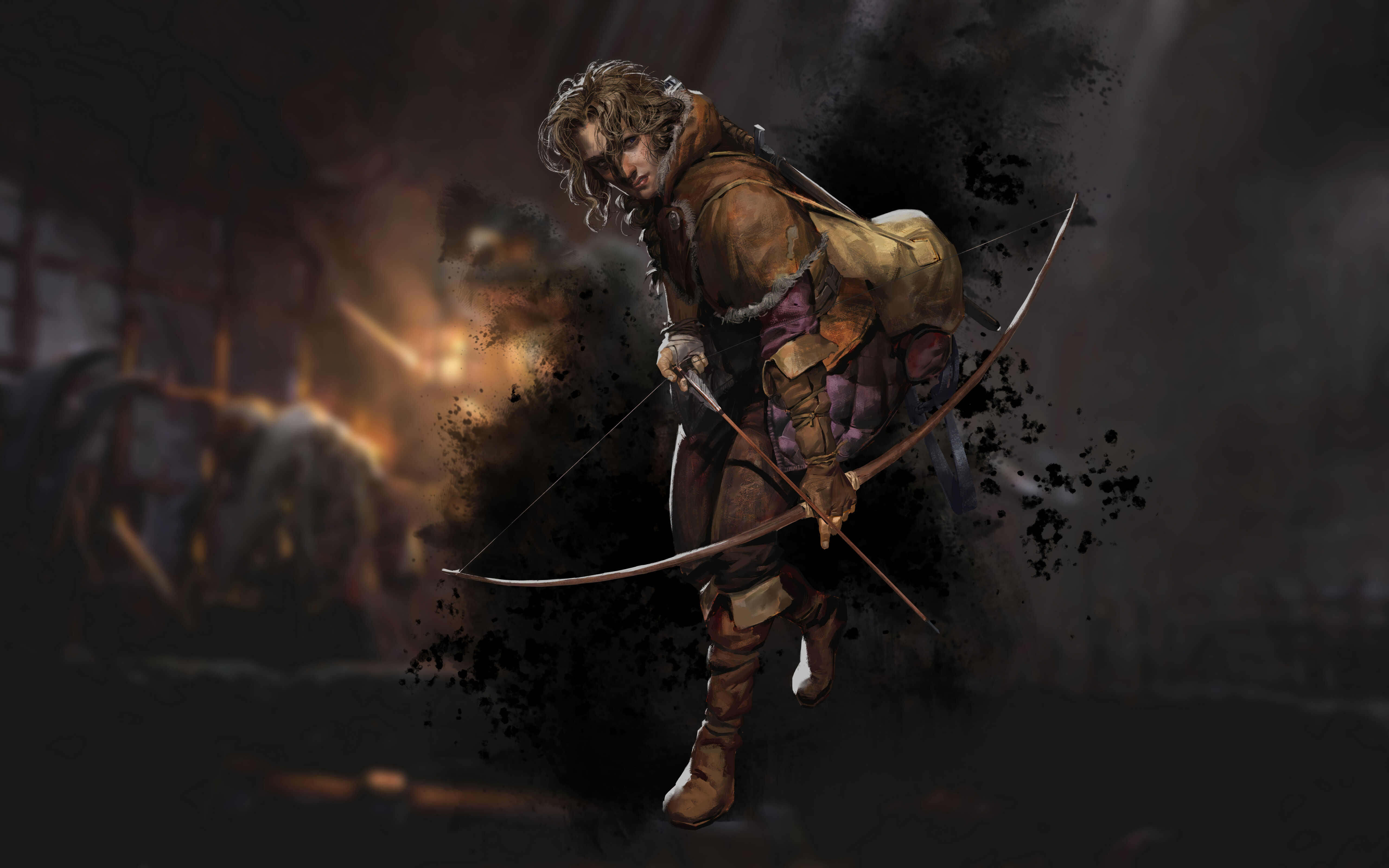 A hooded rogue with a weapon standing in a dimly lit, stone medieval dungeon.