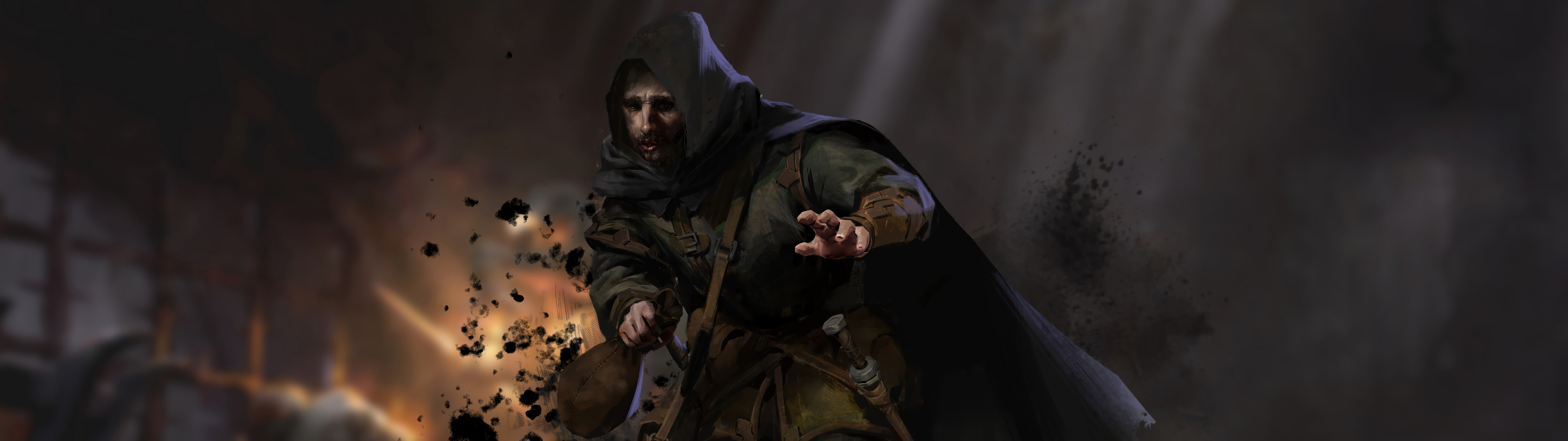 A grim warrior in heavy armor standing within a dark, torch-lit dungeon corridor from the game Dark and Darker.