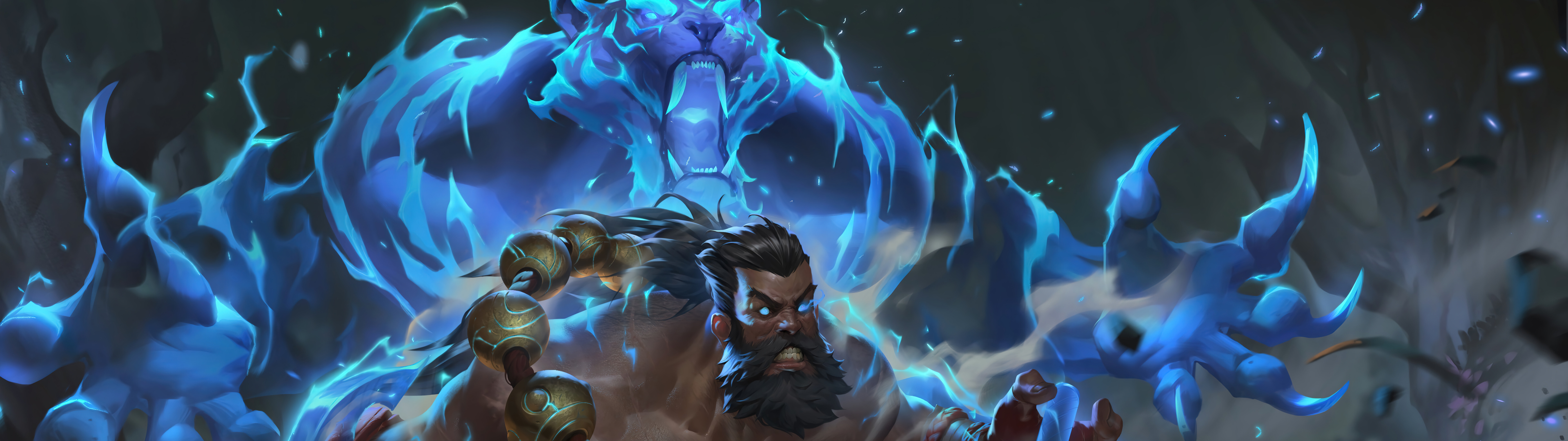 A cinematic portrait of Udyr from League of Legends showcasing his shamanic energy.