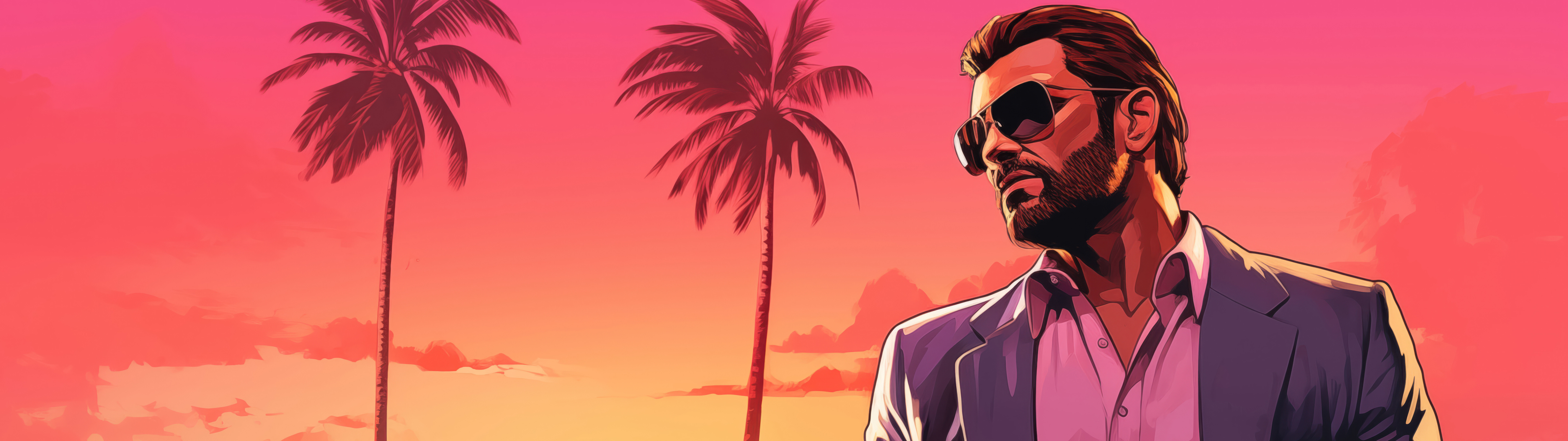 A character positioned within a sun-lit, tropical urban environment featuring palm trees and vibrant colors, inspired by the Grand Theft Auto VI aesthetic.