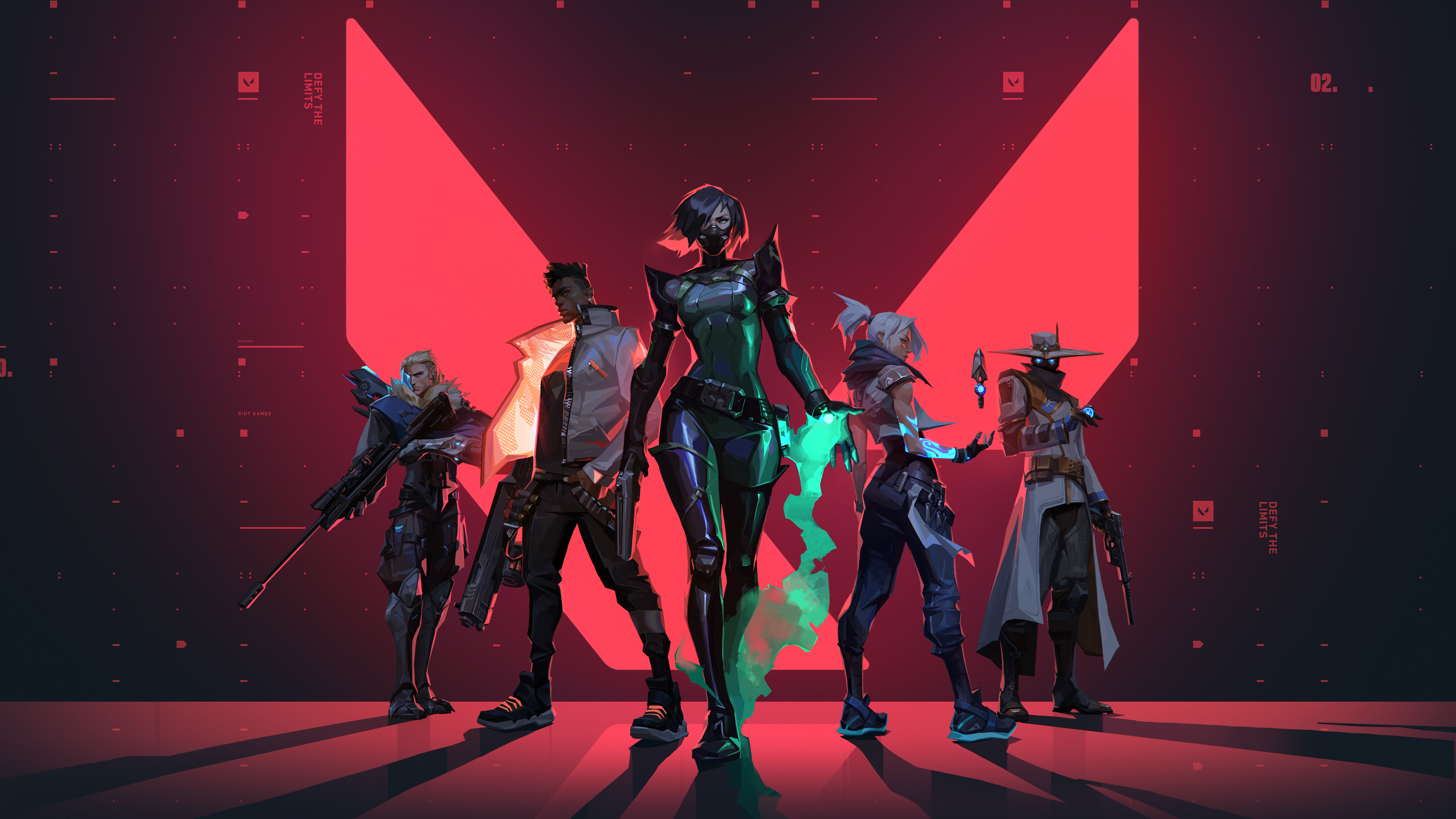 An ensemble of Valorant characters including Jett, Cypher, Viper, Phoenix, and Sova.