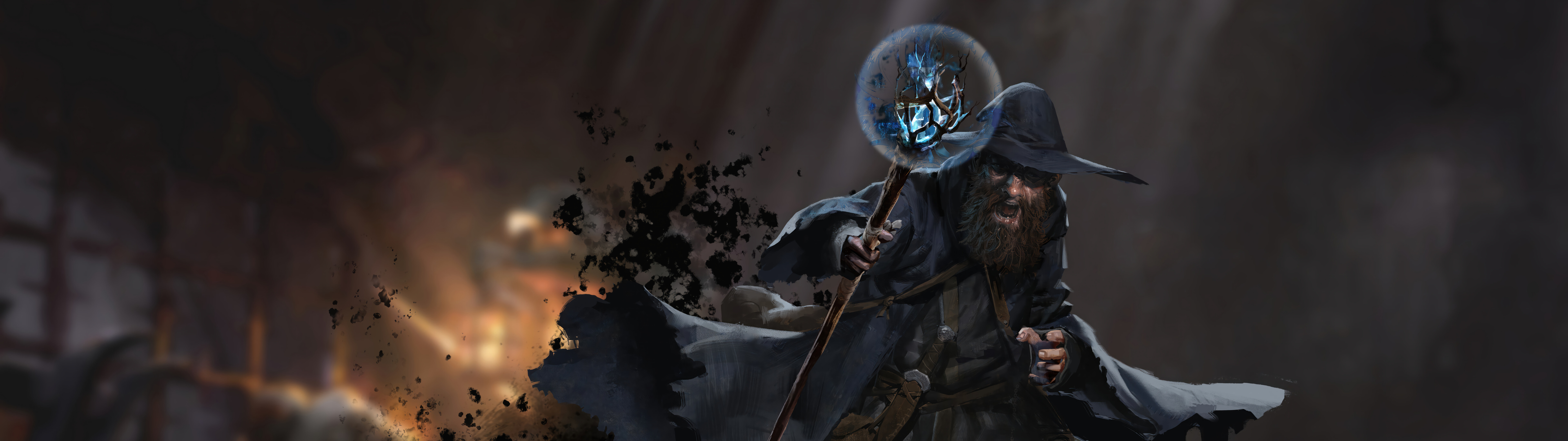 A dark fantasy wizard from Dark and Darker holding a glowing magical staff in a shadowy, atmospheric dungeon setting.