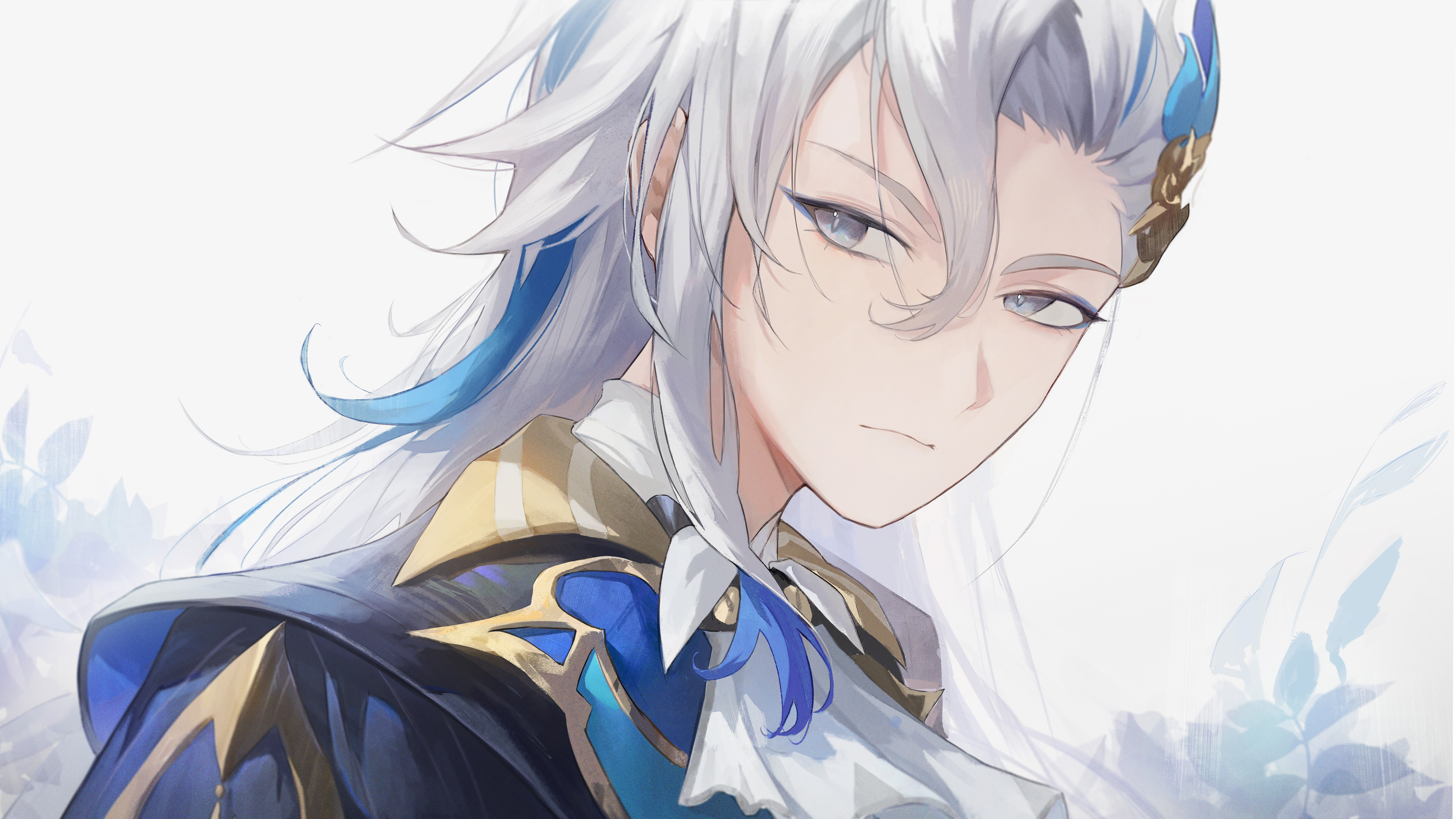 A high-quality depiction of Neuvillette from Genshin Impact, showcasing his sophisticated attire and commanding gaze.