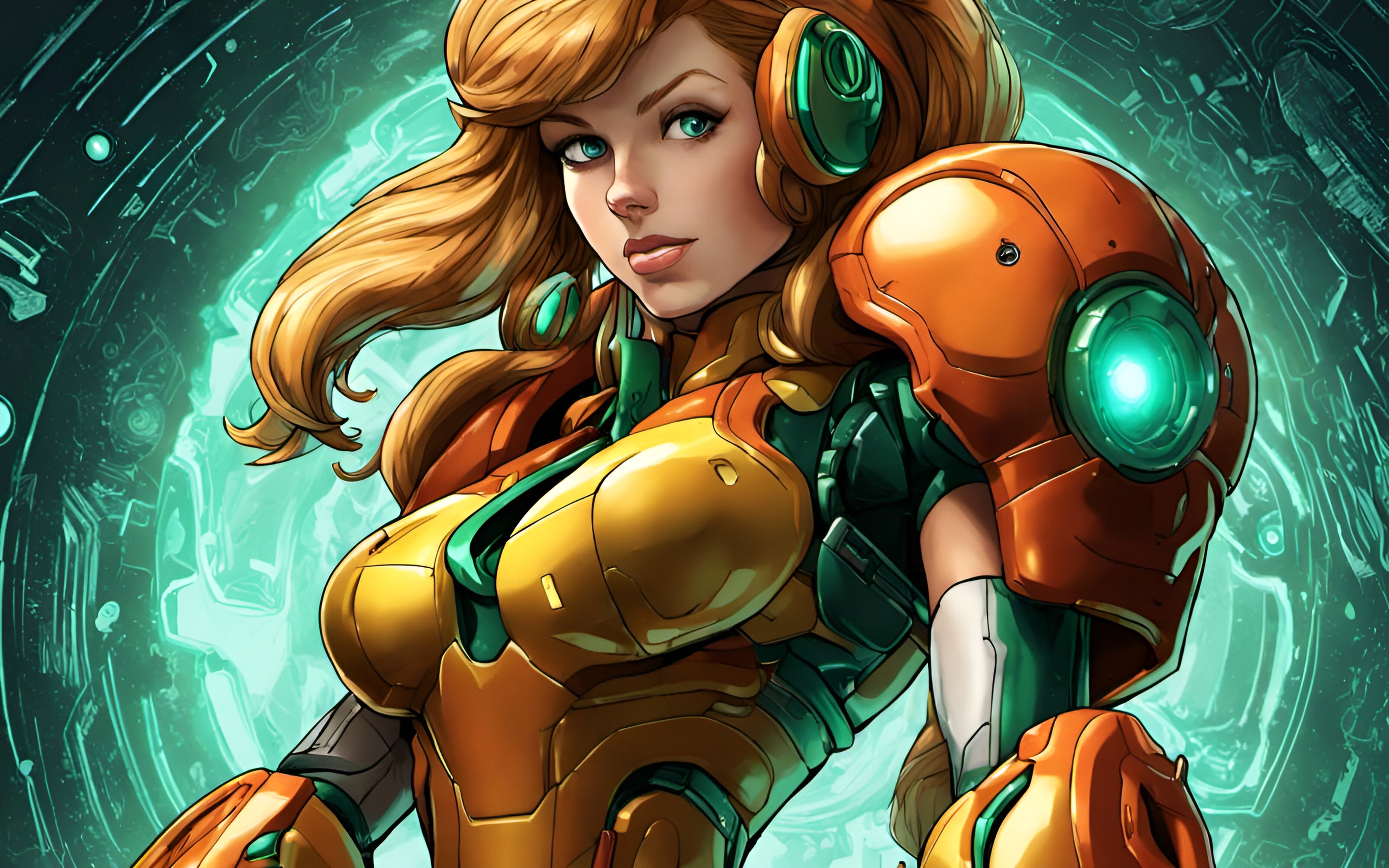 Samus Aran wearing her signature orange and red Power Suit from the Metroid video game series.