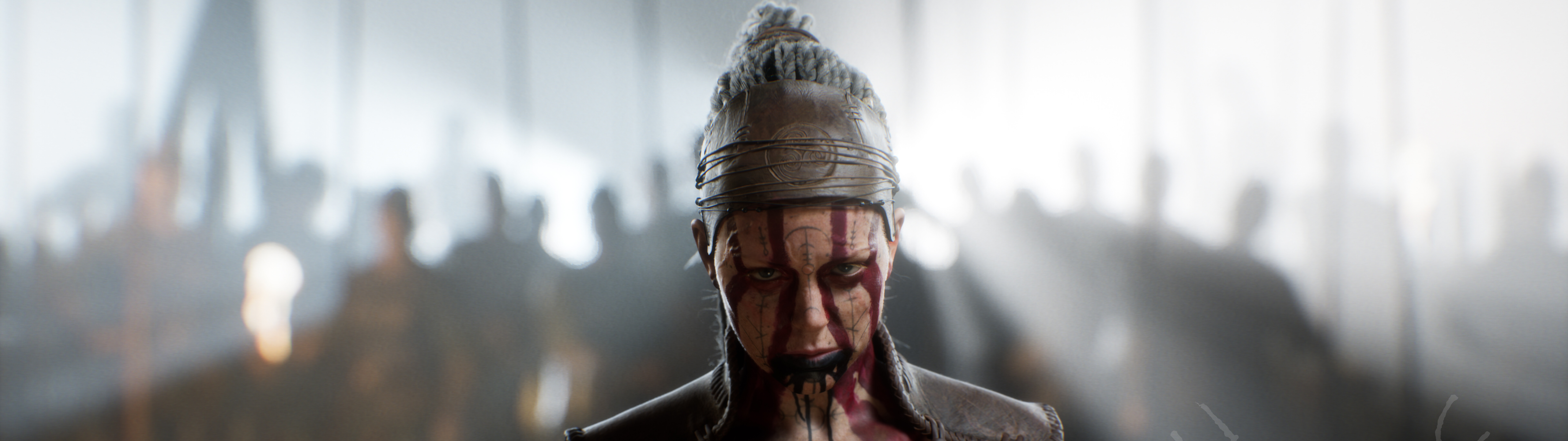 A detailed cinematic portrait of Senua, the main character from Senua's Saga: Hellblade II