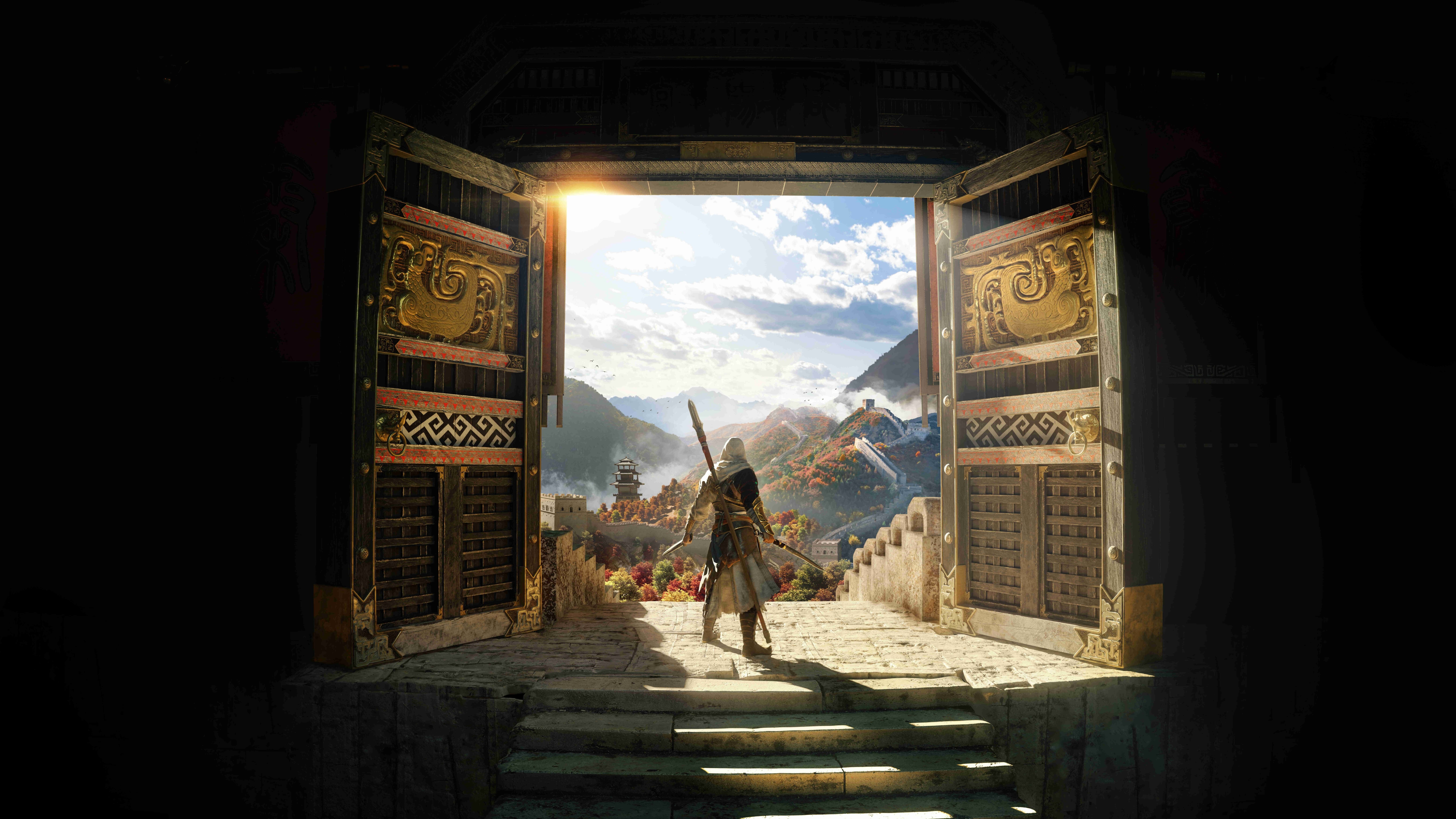 A skilled assassin from the game Assassin's Creed Jade poised for action in a traditional Chinese landscape.