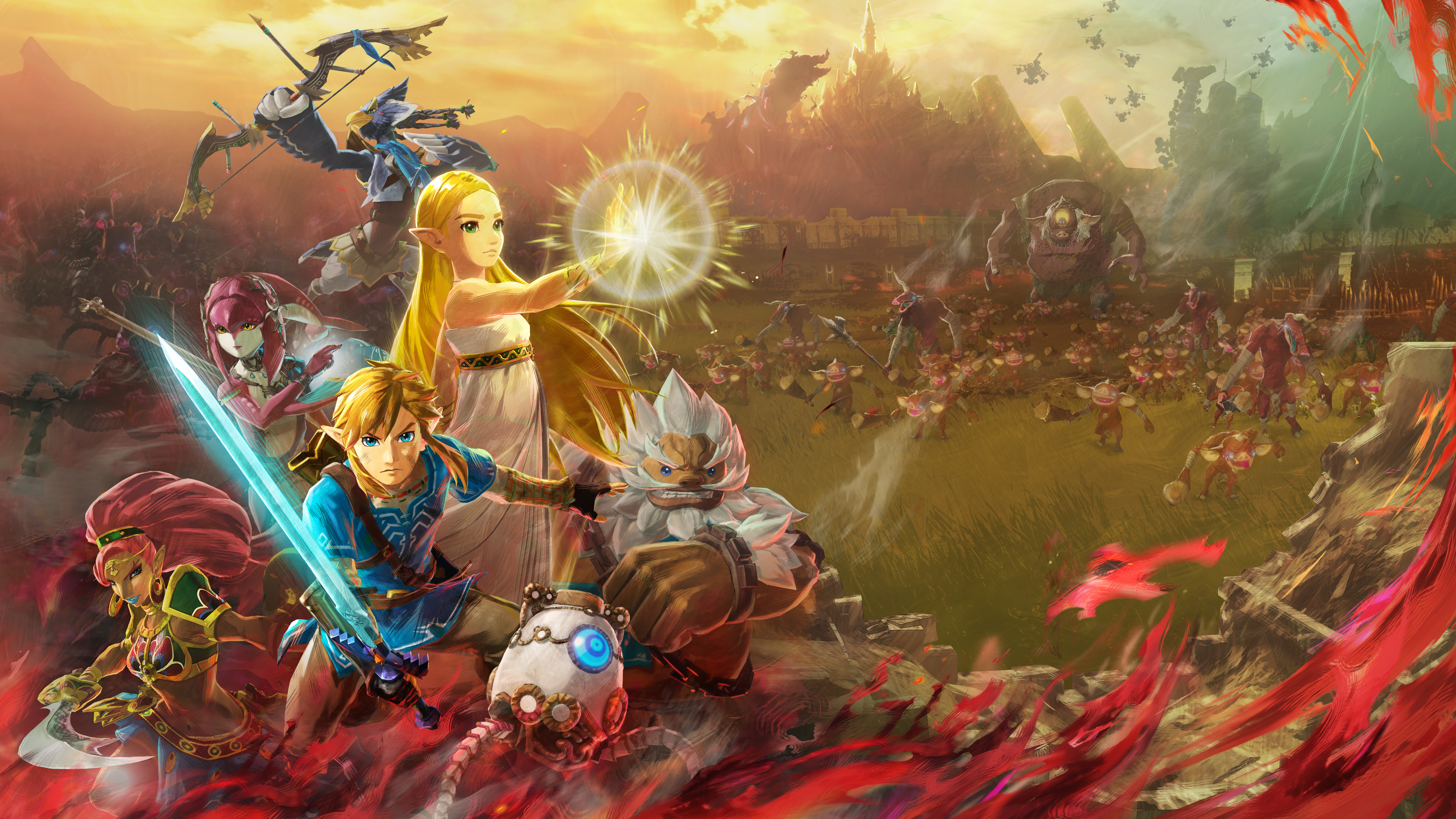 Characters Link, Princess Zelda, Mipha, Daruk, Revali, and Urbosa from The Legend of Zelda standing near a Hinox and Bokoblin.
