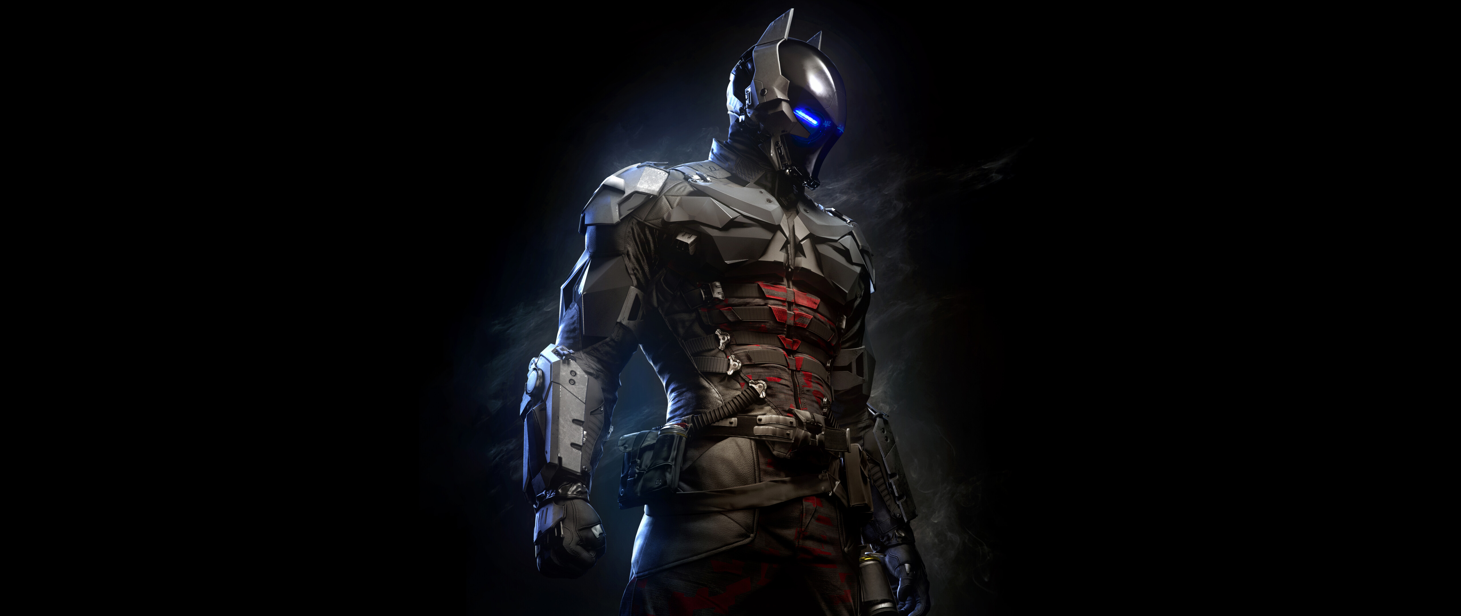 A portrait of Jason Todd, the Arkham Knight, featuring piercing glowing blue eyes from the Batman: Arkham Knight video game.