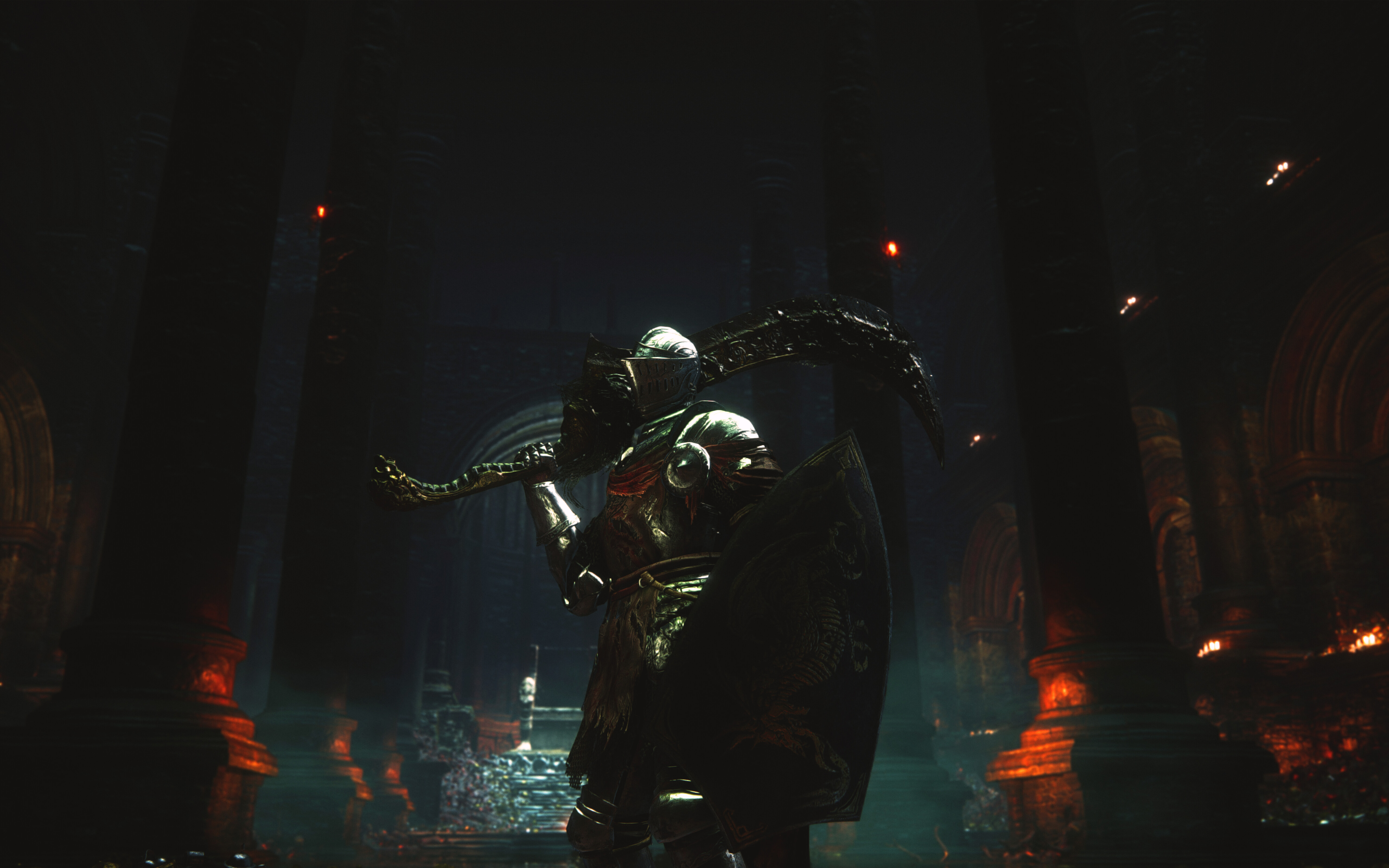 A Lothric Knight in heavy, battle-worn armor from the video game Dark Souls III: The Ringed City.