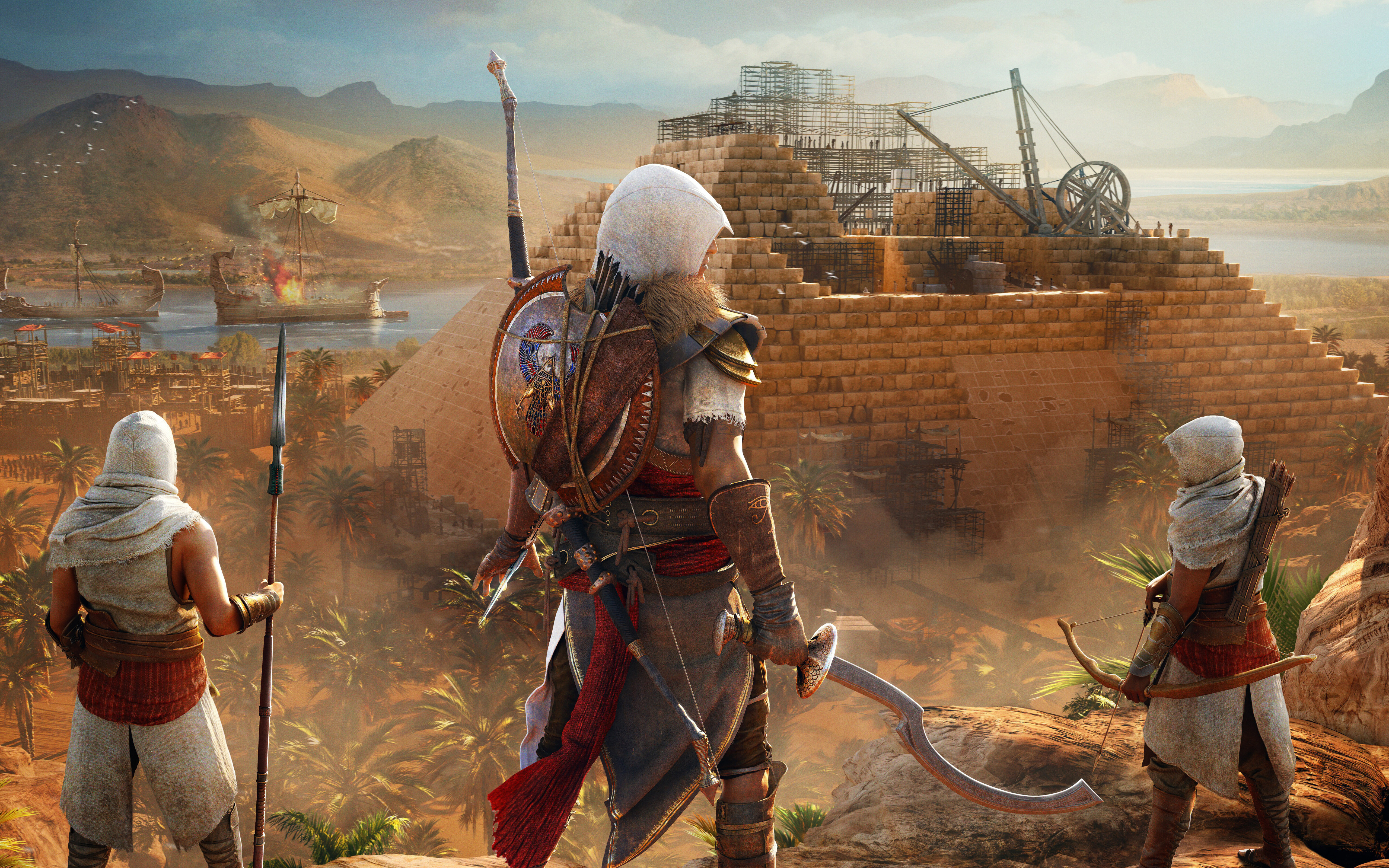 Bayek of Siwa from Assassin's Creed Origins posing in an ancient Egyptian landscape.