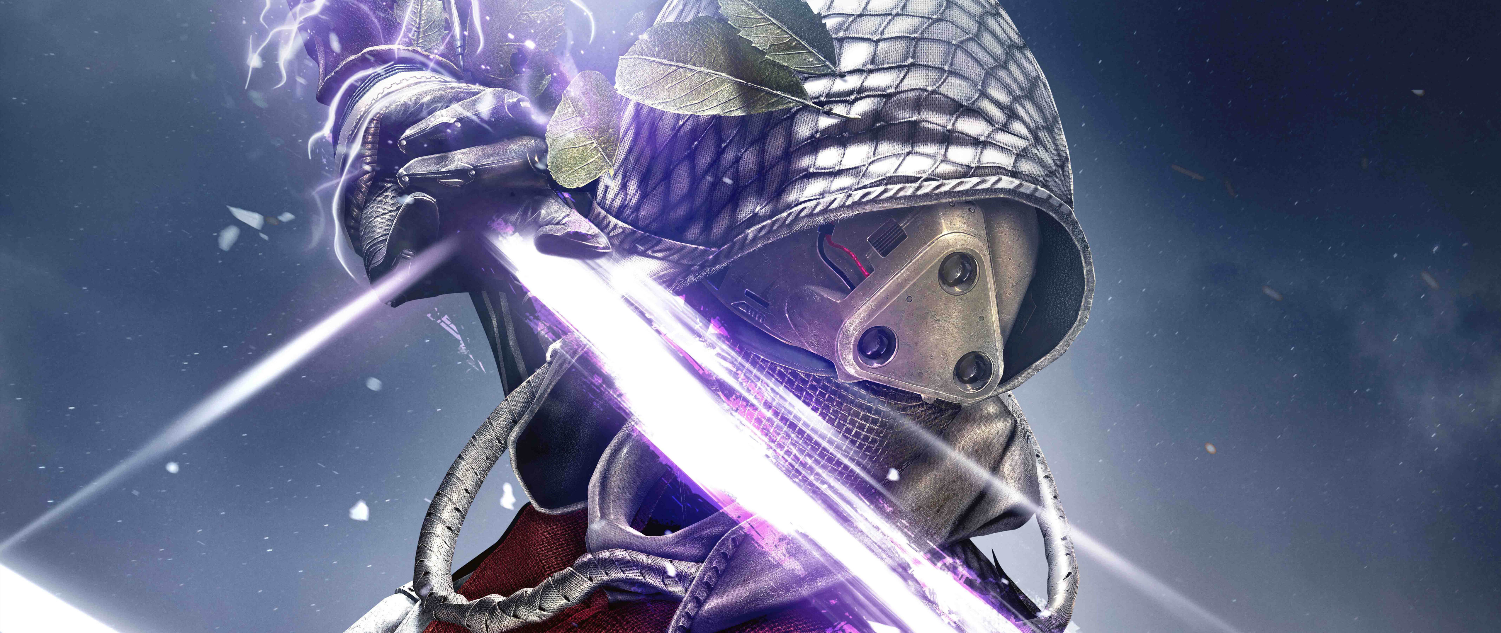 A detailed sci-fi Guardian from the game Destiny, wearing glowing armored plates and a helm, set against a background of stars and nebulae.