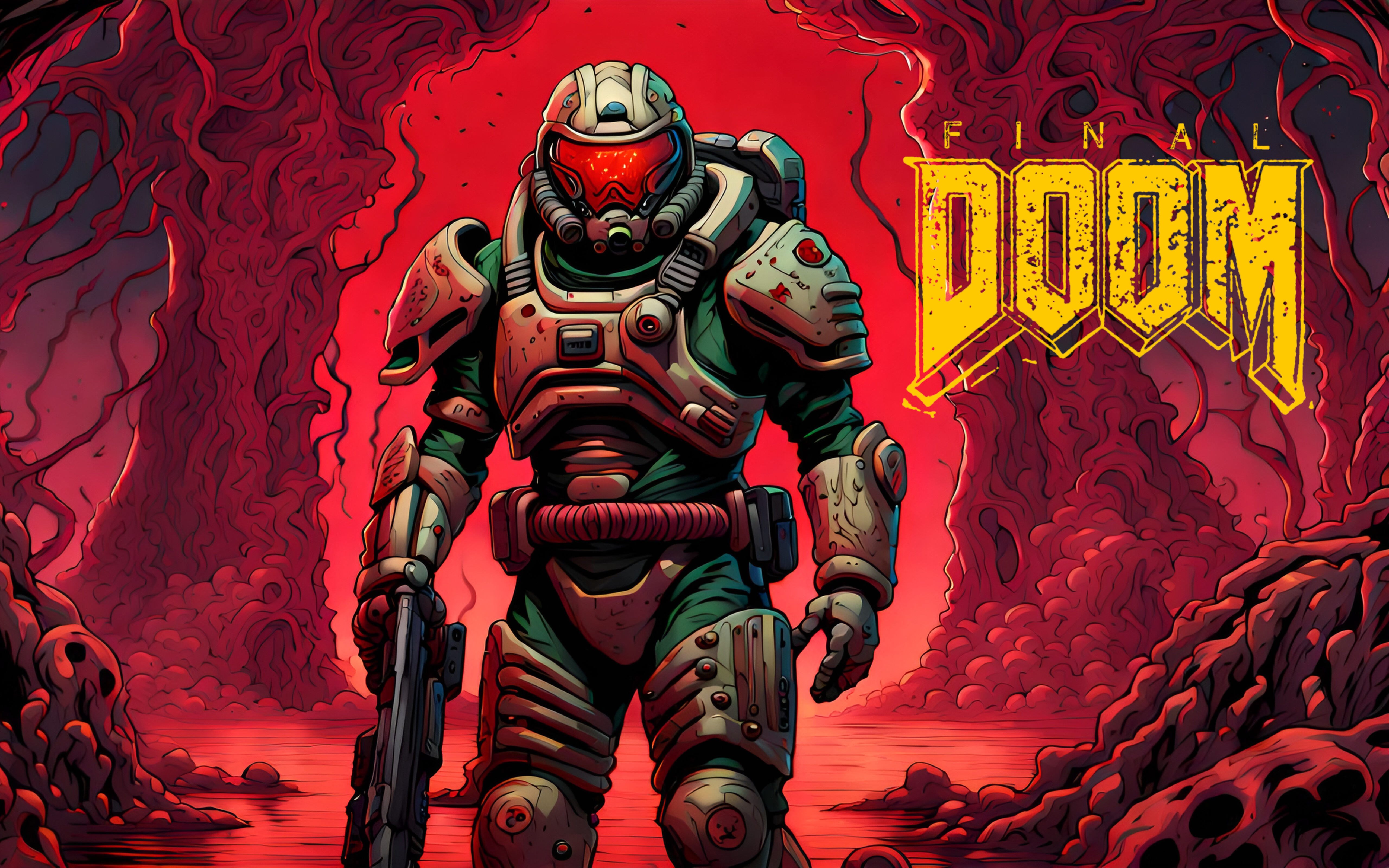 Doomguy from the Doom video game series standing amidst a dark and hellish landscape.