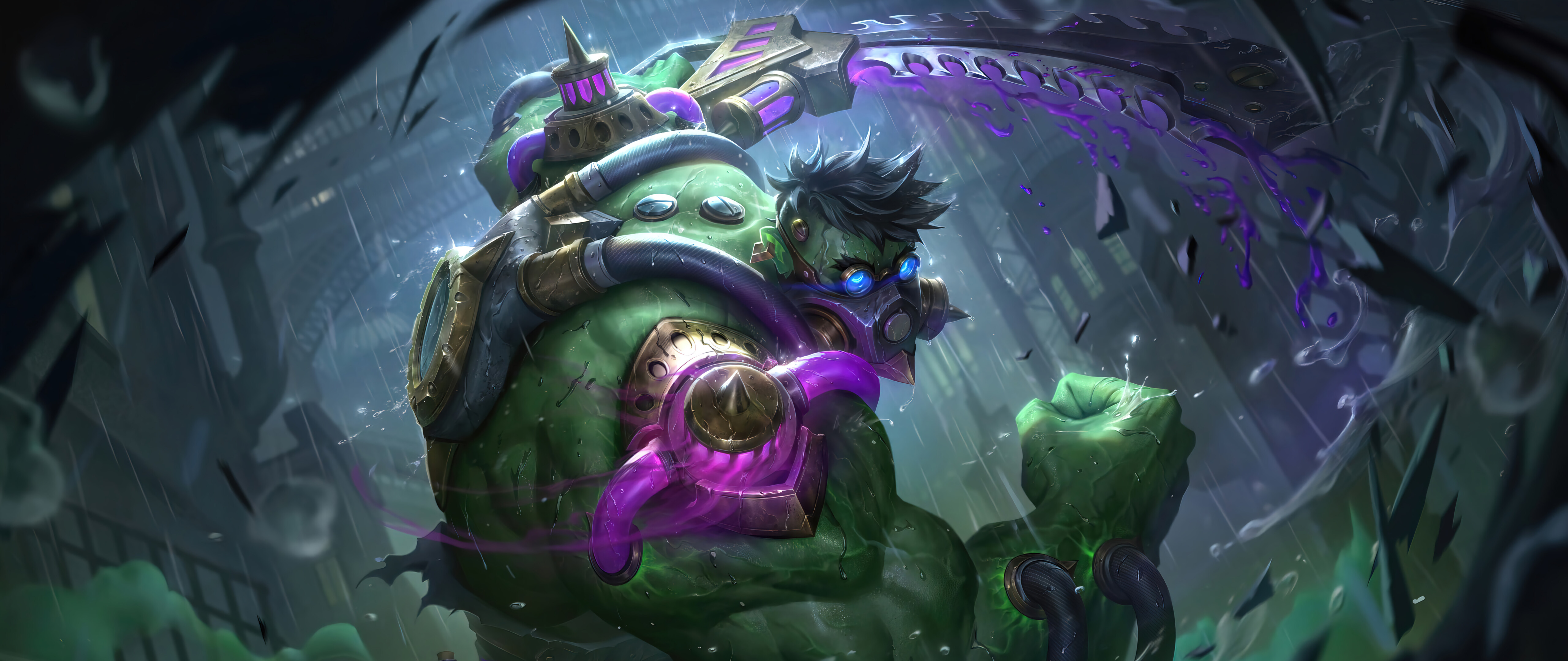 Dr. Mundo from League of Legends surrounded by toxic green chemical vapors.