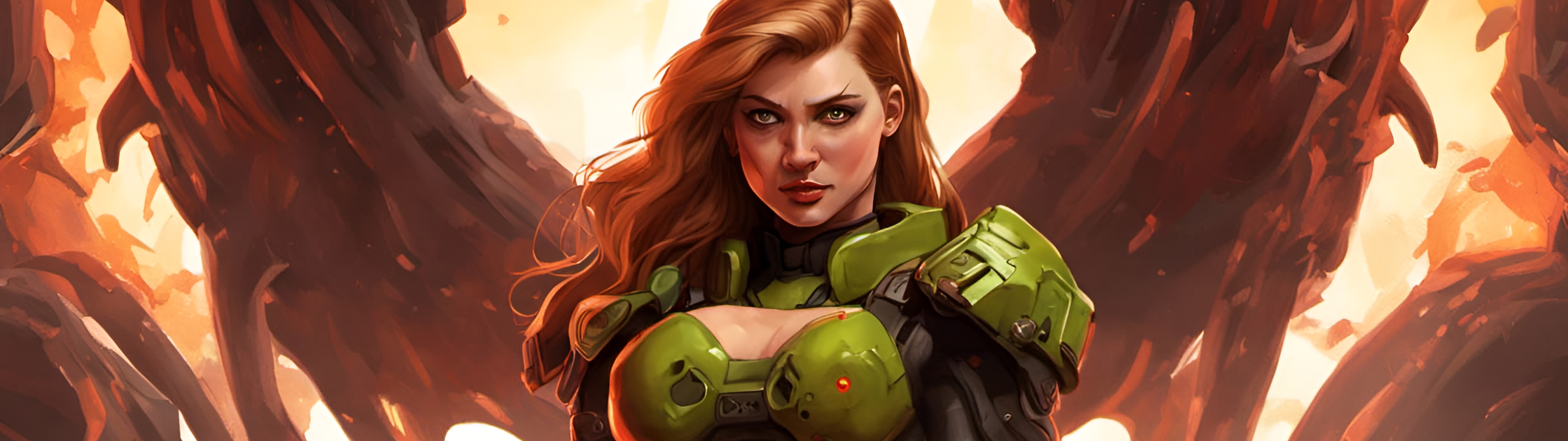 A female warrior in heavy combat armor wielding a large firearm against a demon, inspired by the DOOM video game series.