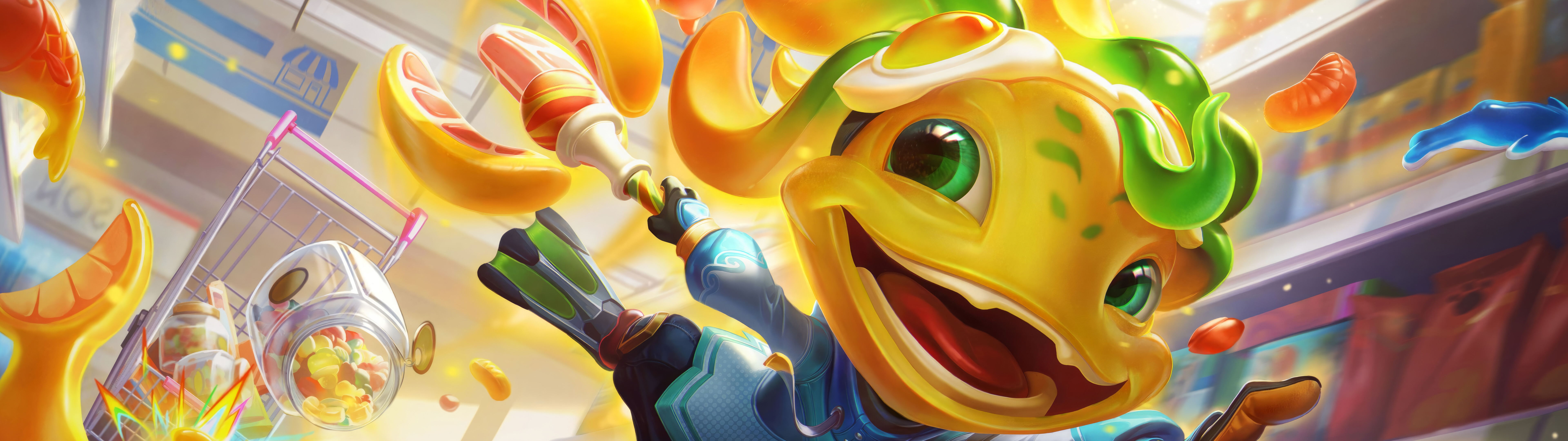 The aquatic merfolk champion Fizz from League of Legends and Wild Rift in a colorful underwater setting.