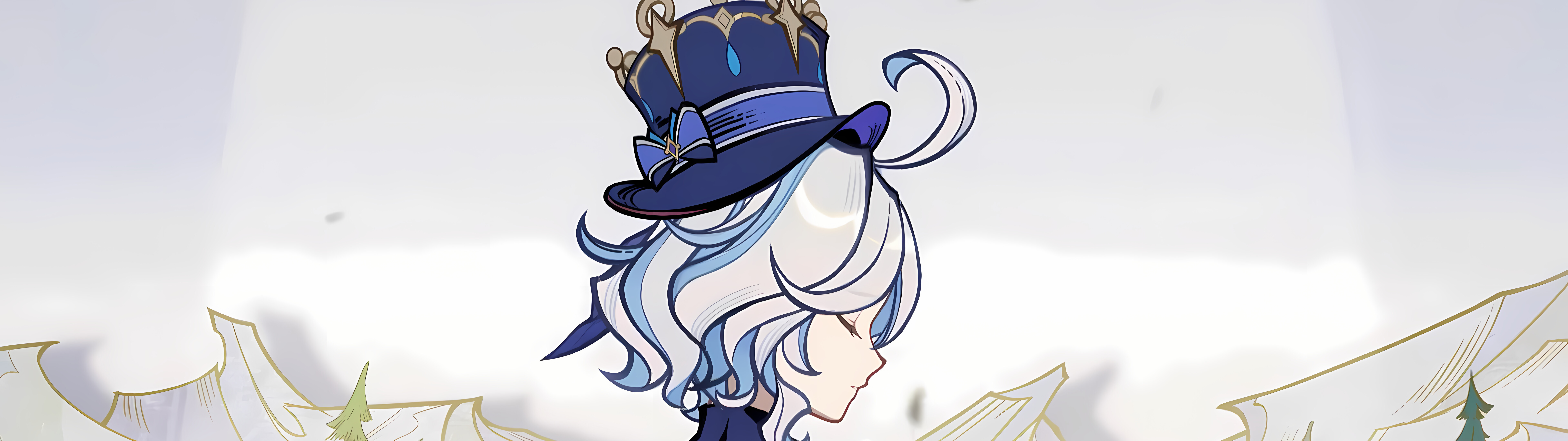 A beautiful depiction of Furina from Genshin Impact featuring her intricate blue costume and theatrical appearance.