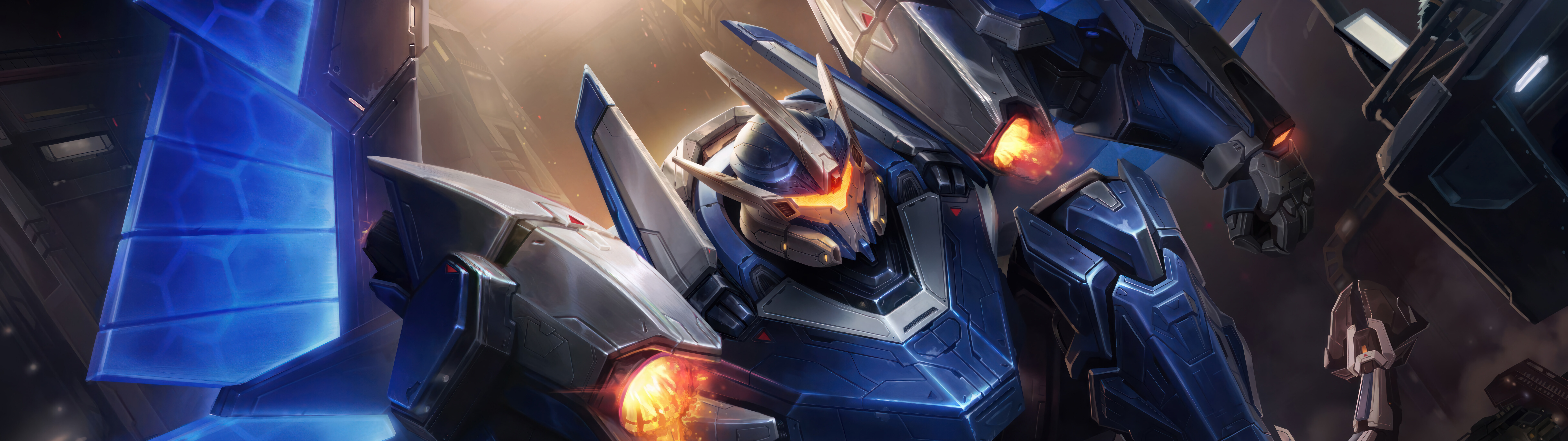 A massive mecha-style robot inspired by Galio from League of Legends, featuring heavy metallic plating and glowing energy components.