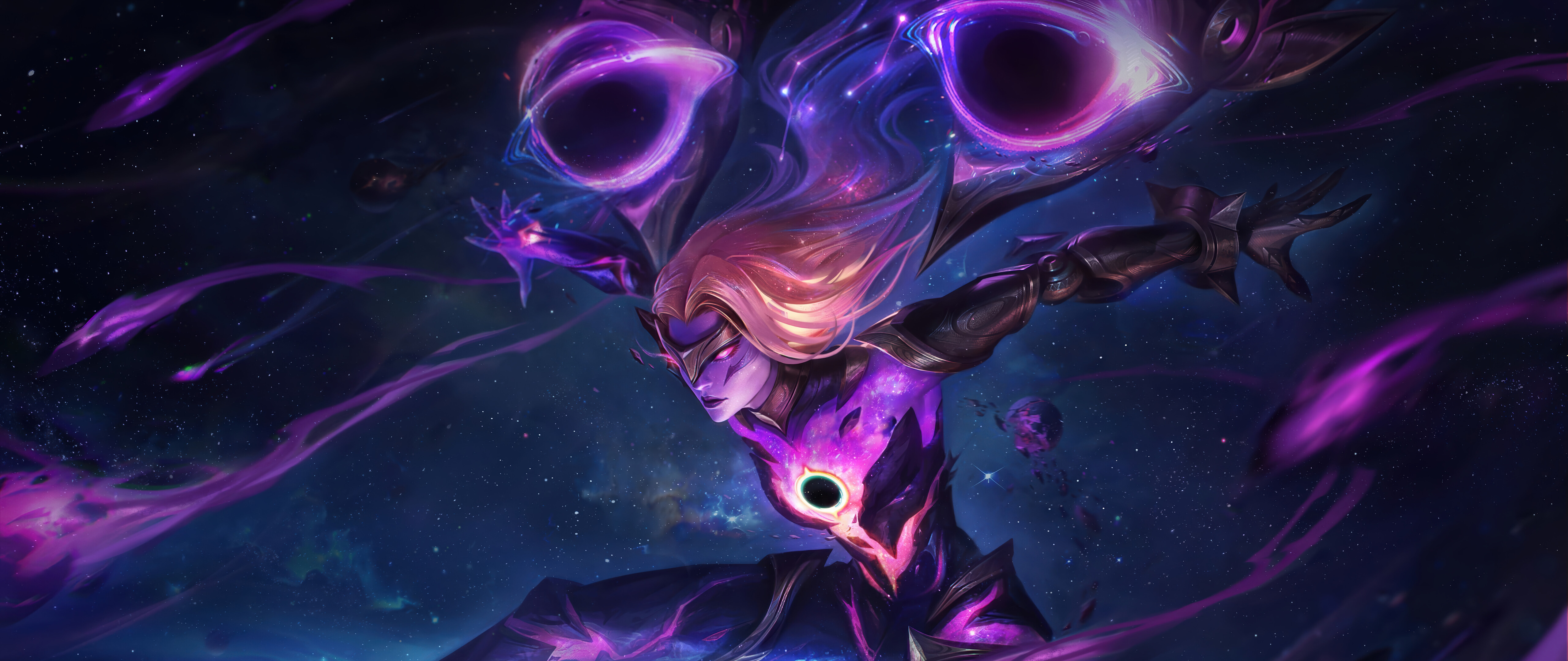 Kai'Sa from League of Legends showcasing her signature Void symbiote weapons and combat gear.