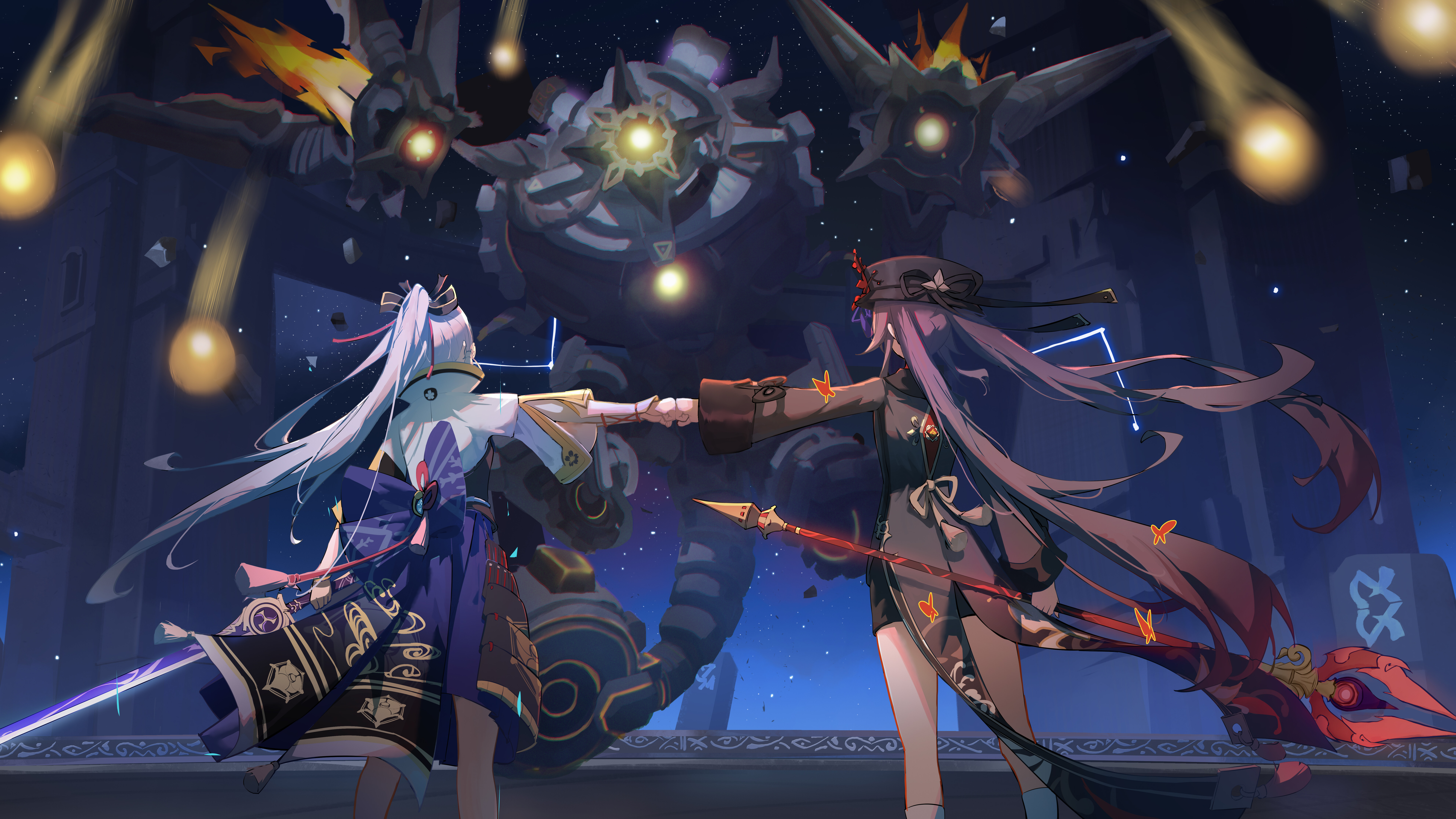 An artistic depiction of Kamisato Ayaka and Hu Tao, characters from Genshin Impact.