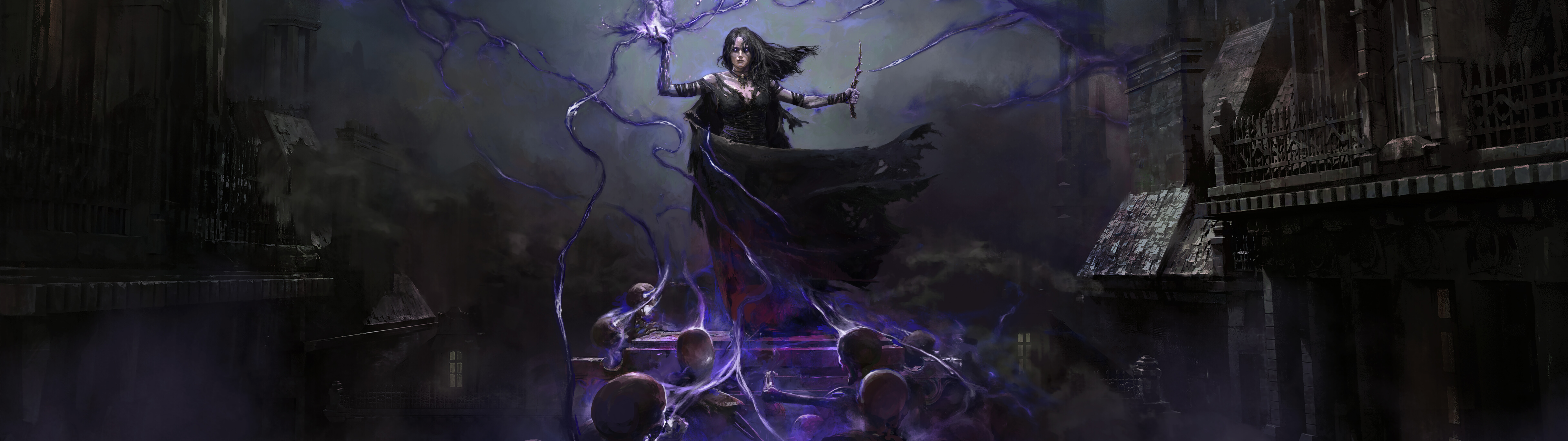 An imposing Necromancer from Path of Exile 2 casting dark, shadowy spells surrounded by ghostly energies.
