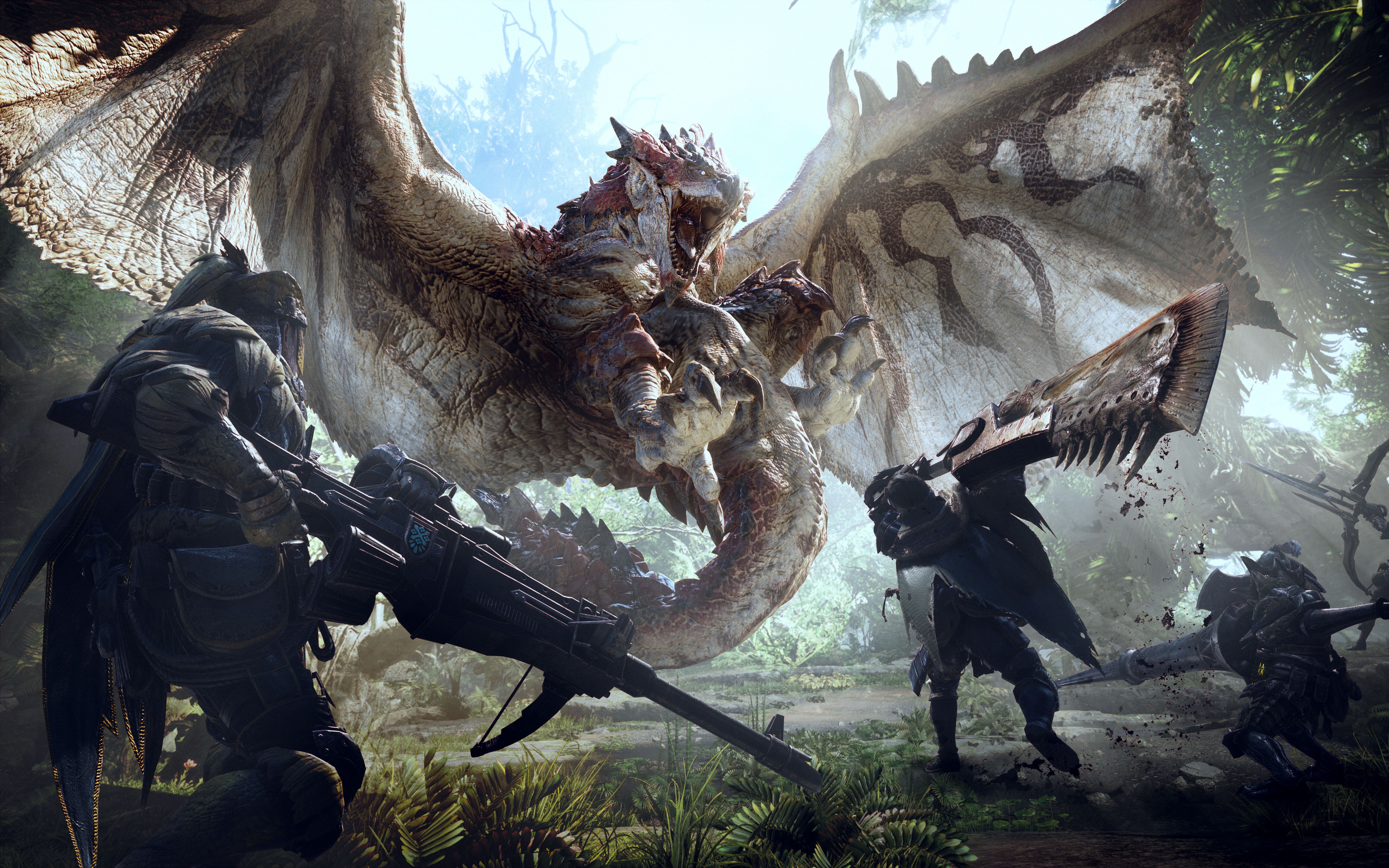 A cinematic shot of a hunter preparing for battle against the dragon Rathalos from the game Monster Hunter: World.